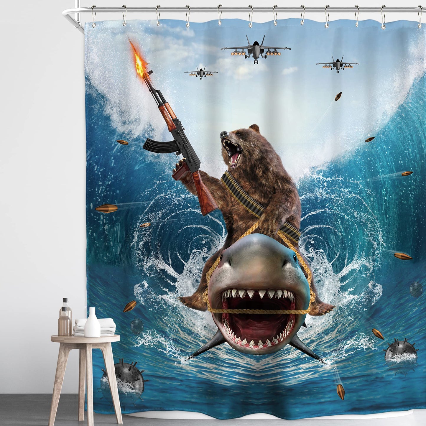 Homewelle Funny Dog Corgi Ocean Shower Curtain Riding Shark 72Wx72H Inch Sea Waves Seagull Fish Cool Animal Surfing Blue Cute Kids Waterproof Polyester Fabric Bathroom Bathtub