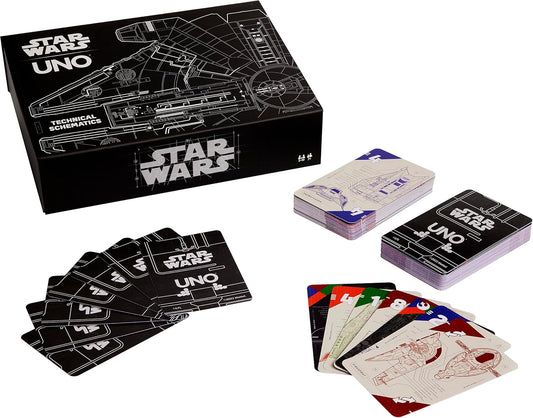 Mattel Games UNO Star Wars Technical Schematics Card Game for Kids & Adults with Blueprints of Space Stations, Ships & Droids