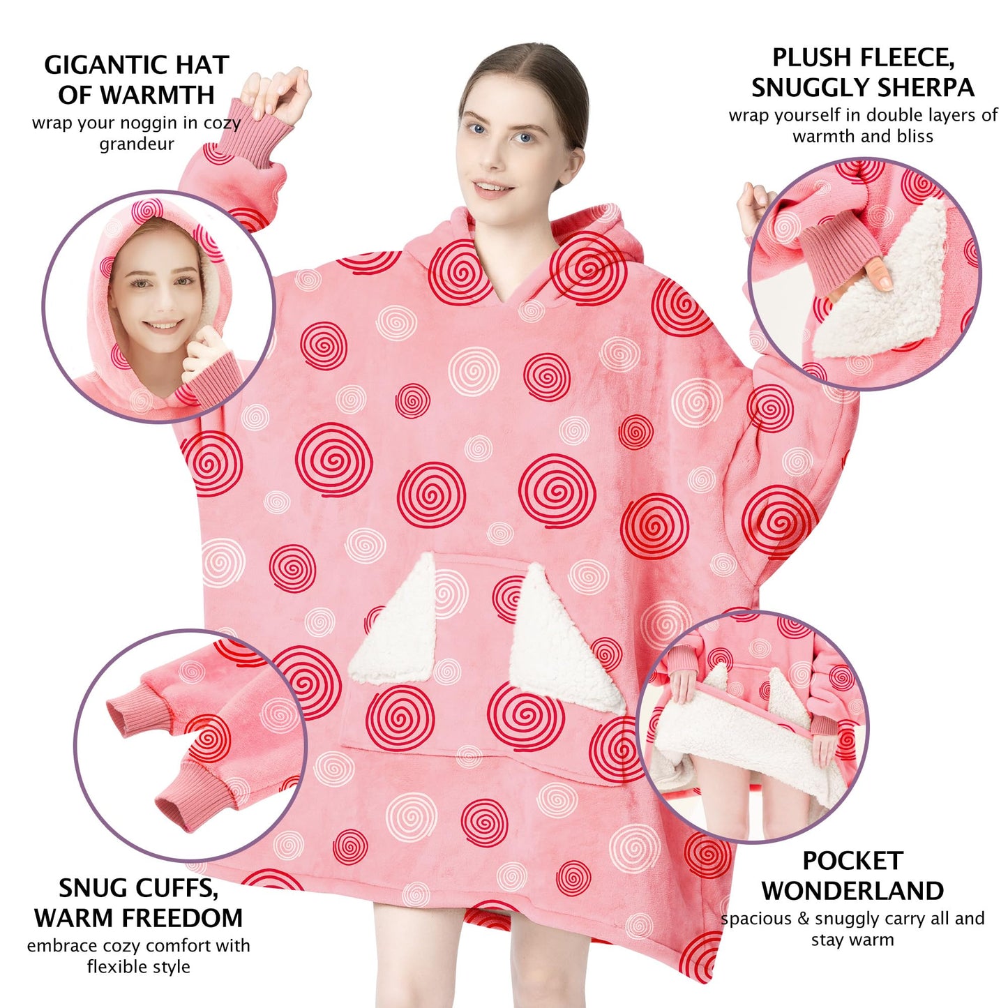 Touchat Wearable Blanket Hoodie, Oversized Sherpa Fleece Sweatshirt Blanket with Giant Hood Pocket and Sleeves for Adult, Warm & Cozy Grey Blanket Gifts for Women