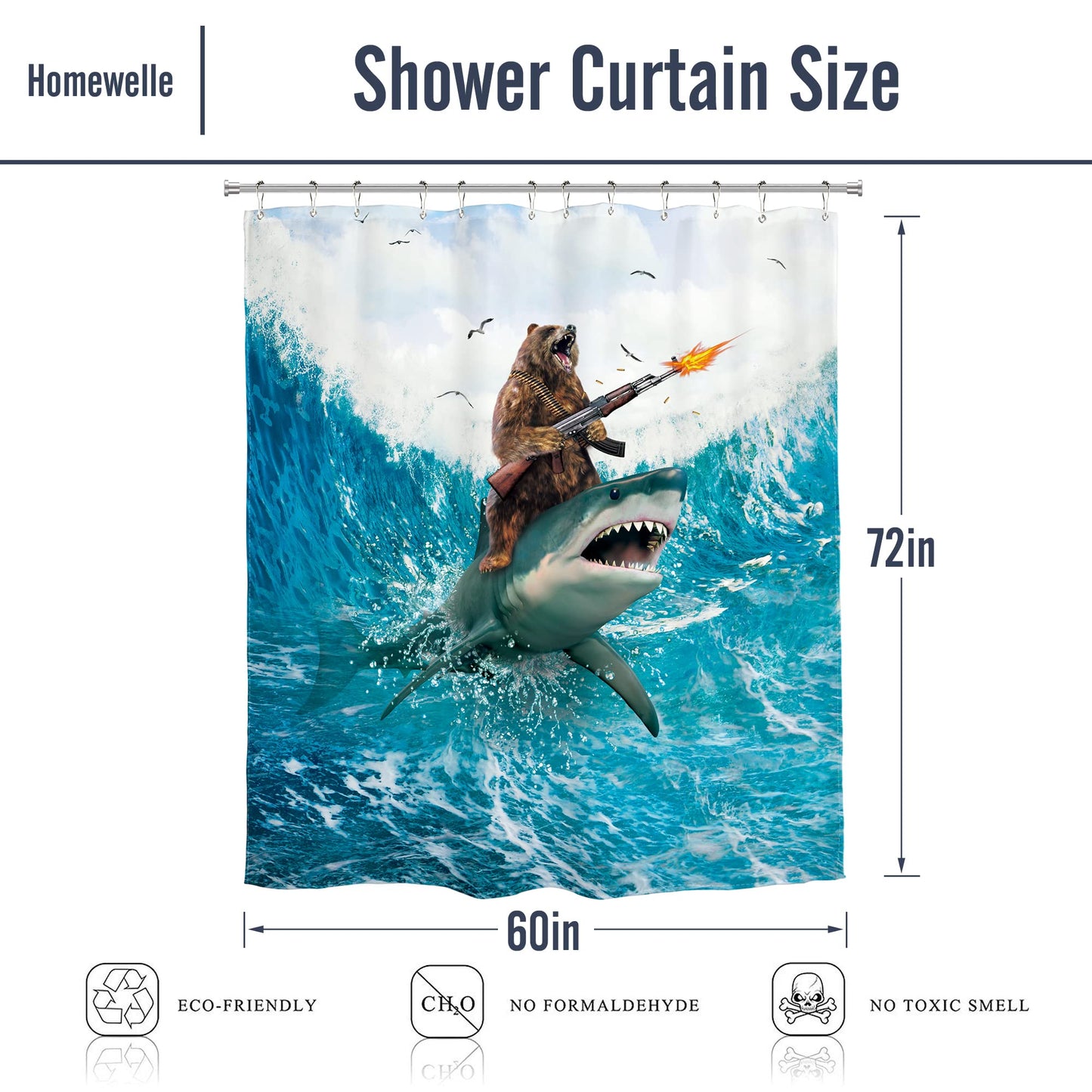 Homewelle Funny Dog Corgi Ocean Shower Curtain Riding Shark 72Wx72H Inch Sea Waves Seagull Fish Cool Animal Surfing Blue Cute Kids Waterproof Polyester Fabric Bathroom Bathtub