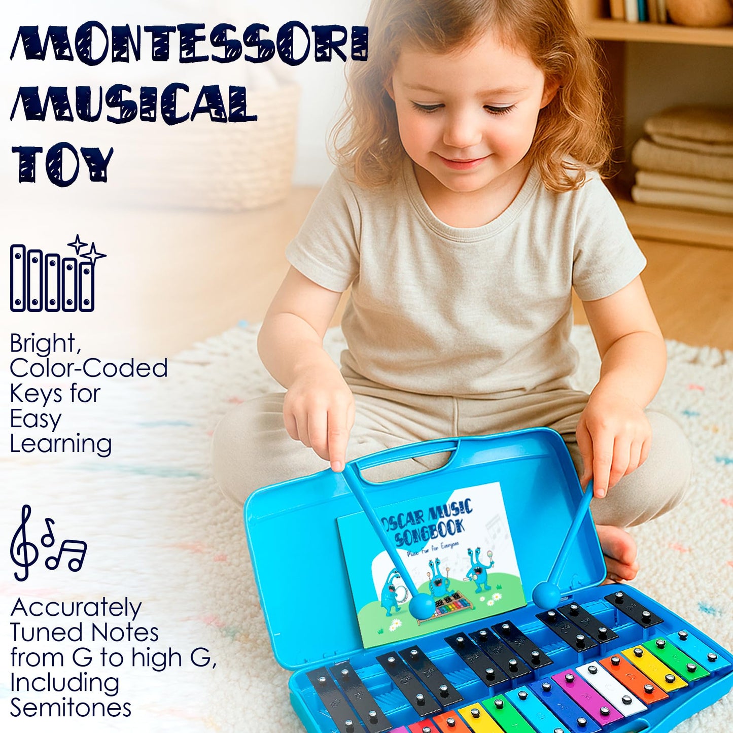 MINIARTIS Glockenspiel Xylophone | 25 Note Colorful Metal Keys Xylophone for Kids | Percussion Musical Instrument | Educational Music Toy Includes Music Songbook, Mallets and Yellow Carry Case