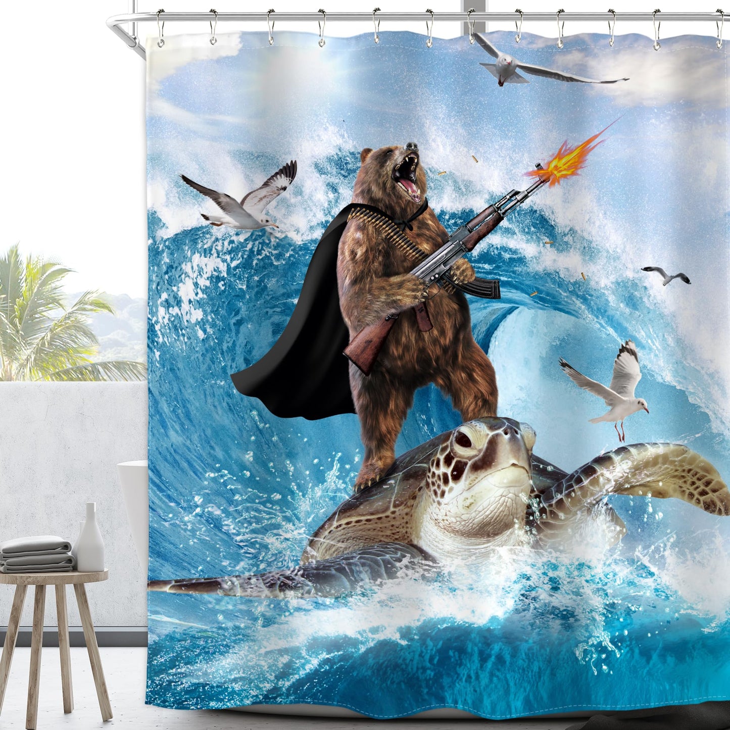 Homewelle Funny Dog Corgi Ocean Shower Curtain Riding Shark 72Wx72H Inch Sea Waves Seagull Fish Cool Animal Surfing Blue Cute Kids Waterproof Polyester Fabric Bathroom Bathtub