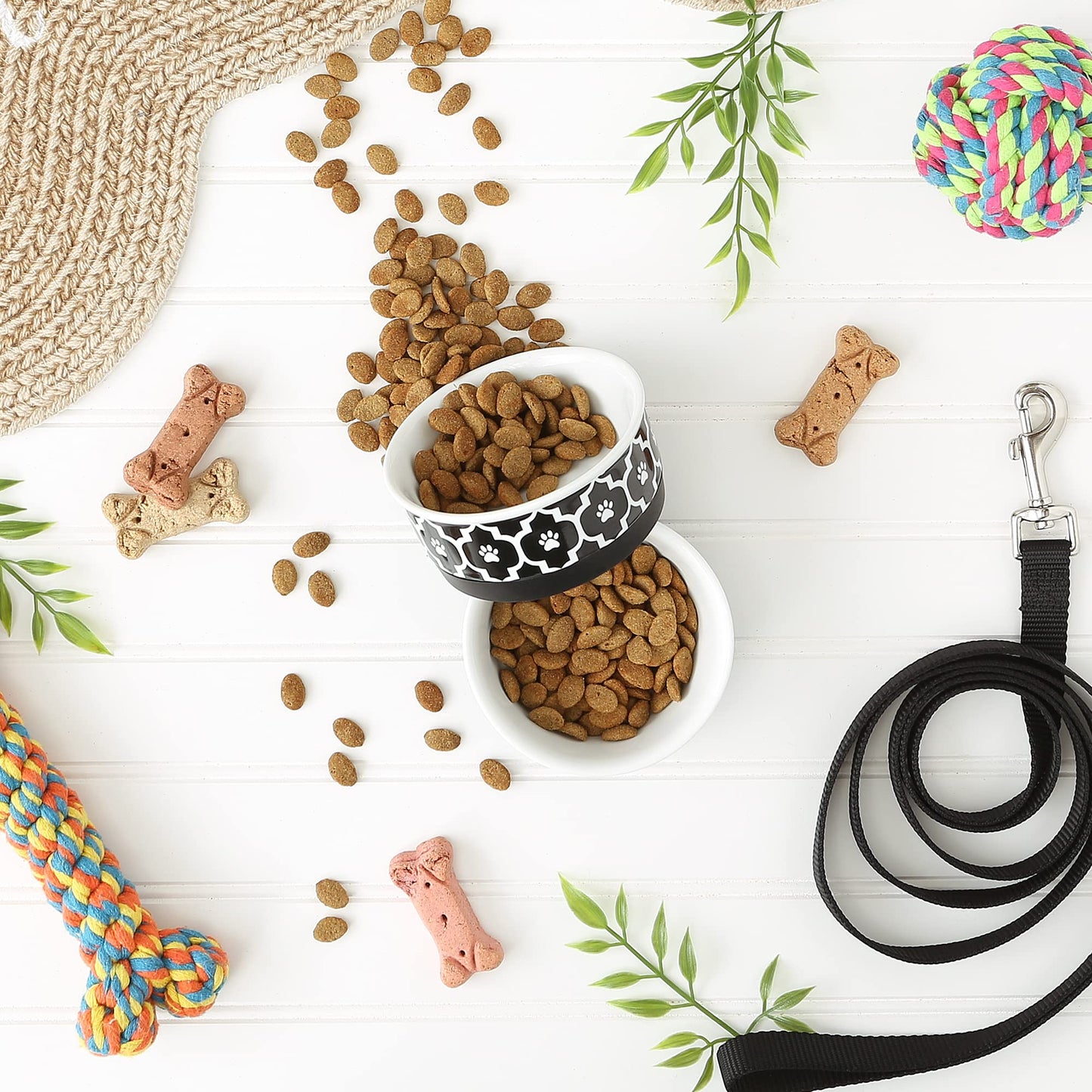 Bone Dry Paw Print Ceramic Pet Bowl, Lattice Collection, Large Set, 7.5x2.4", Aqua, 2 Count