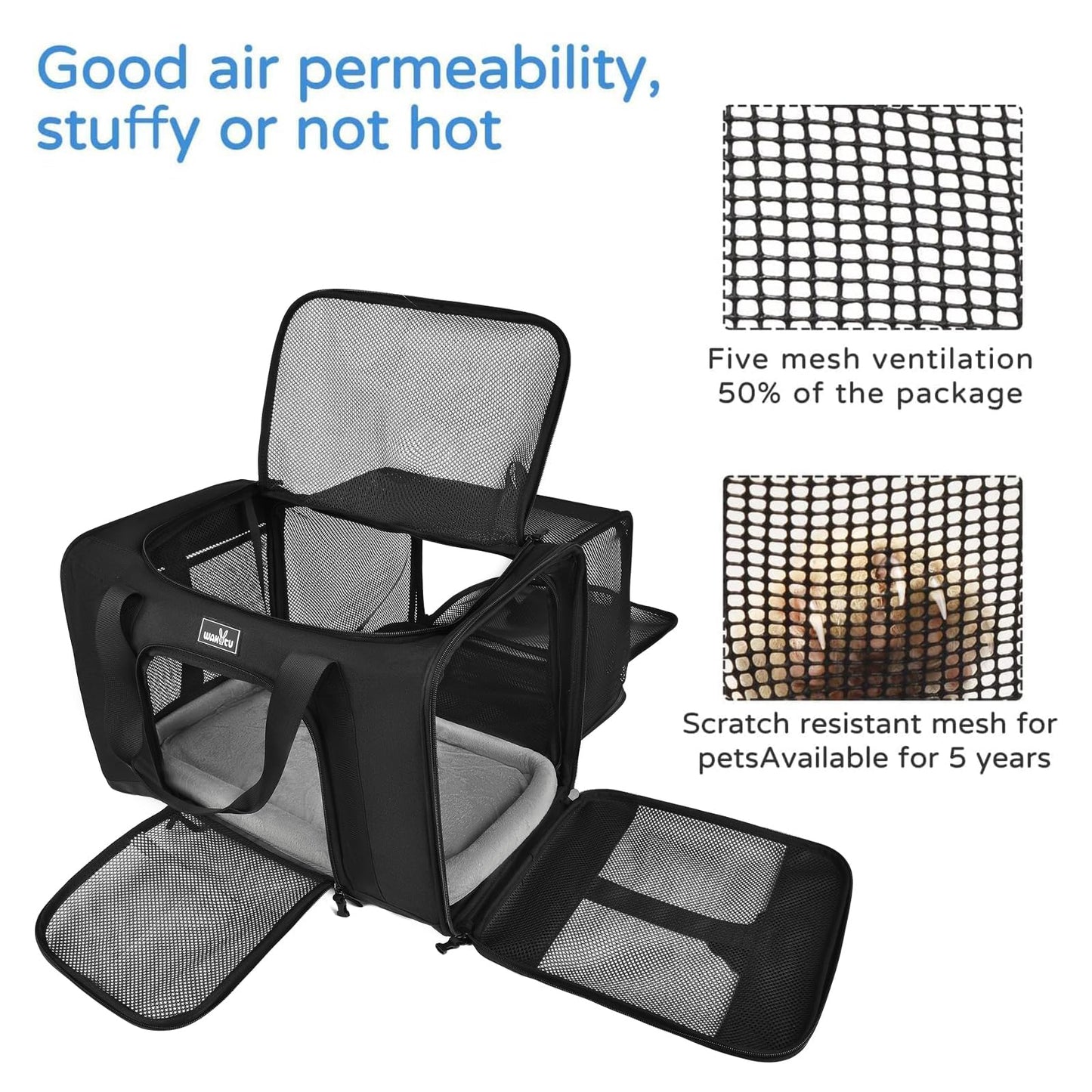 TSA Approved Pet Carrier for Small Cats Dogs, Travel Bag with Adequate Ventilation, 5 Mesh Windows, 3 Entrance, Locking Safety Zippers, Padded Shoulder and Carrying Strap, Small