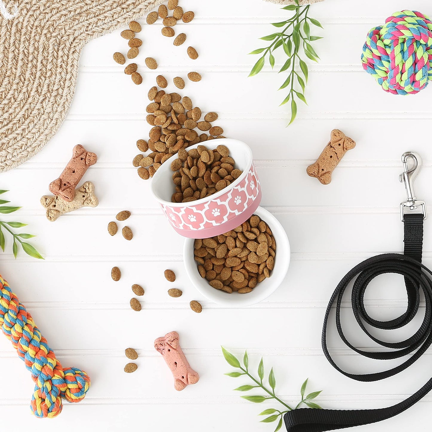 Bone Dry Paw Print Ceramic Pet Bowl, Lattice Collection, Large Set, 7.5x2.4", Aqua, 2 Count