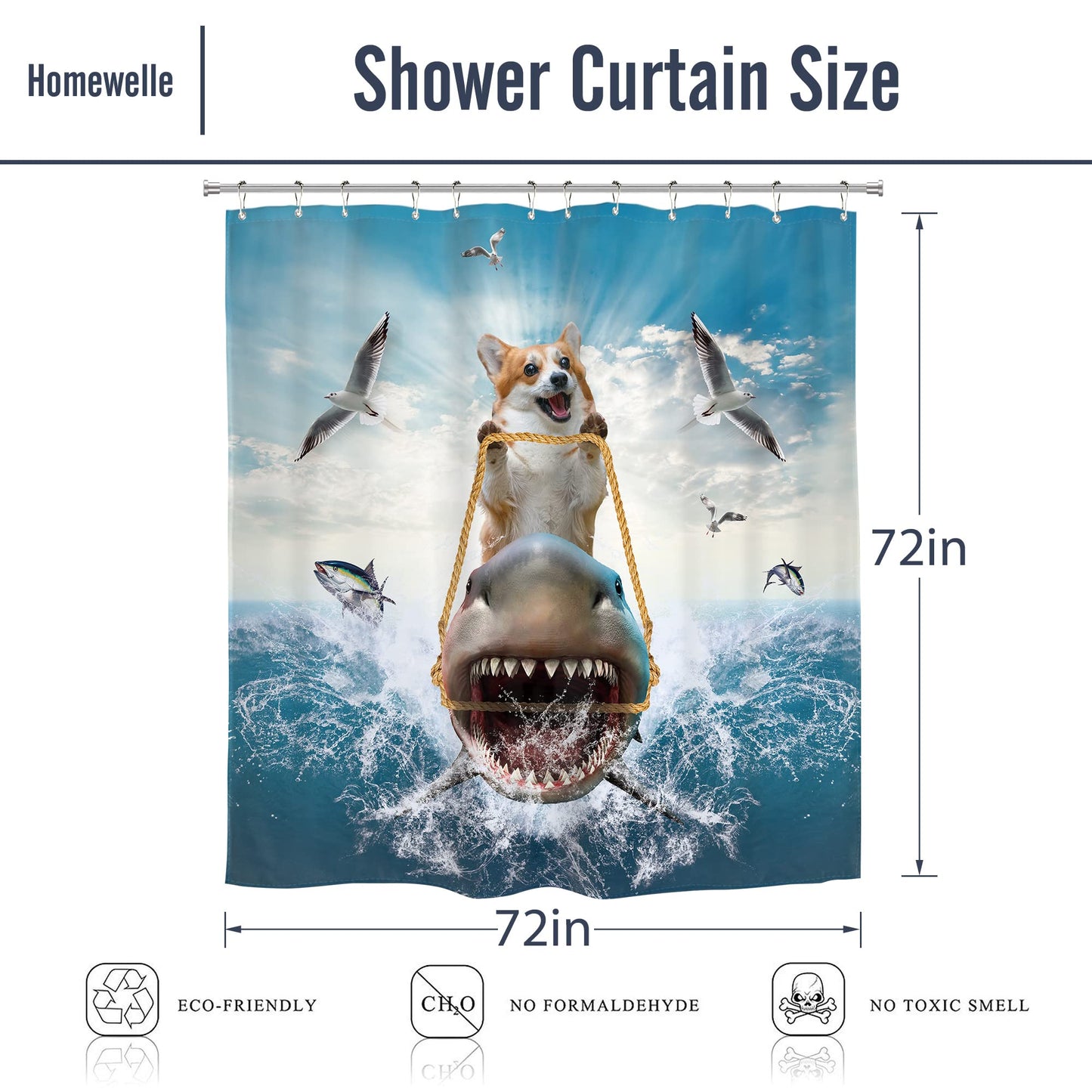 Homewelle Funny Dog Corgi Ocean Shower Curtain Riding Shark 72Wx72H Inch Sea Waves Seagull Fish Cool Animal Surfing Blue Cute Kids Waterproof Polyester Fabric Bathroom Bathtub