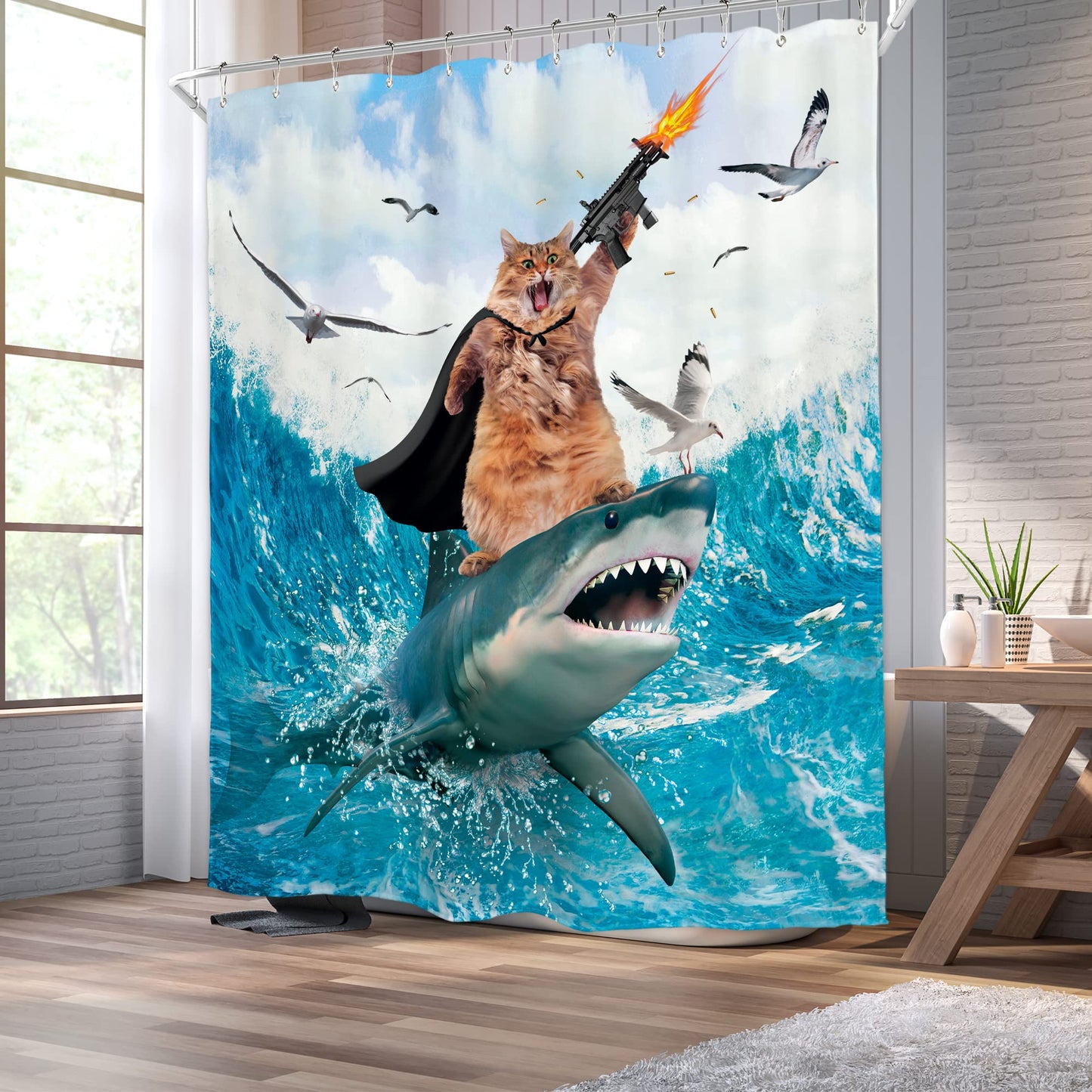 Homewelle Funny Dog Corgi Ocean Shower Curtain Riding Shark 72Wx72H Inch Sea Waves Seagull Fish Cool Animal Surfing Blue Cute Kids Waterproof Polyester Fabric Bathroom Bathtub