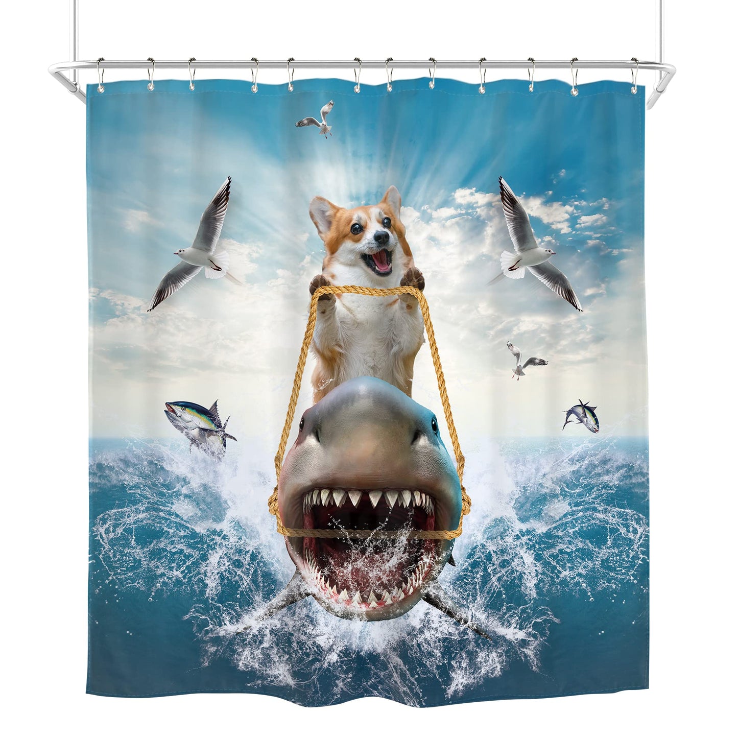 Homewelle Funny Dog Corgi Ocean Shower Curtain Riding Shark 72Wx72H Inch Sea Waves Seagull Fish Cool Animal Surfing Blue Cute Kids Waterproof Polyester Fabric Bathroom Bathtub