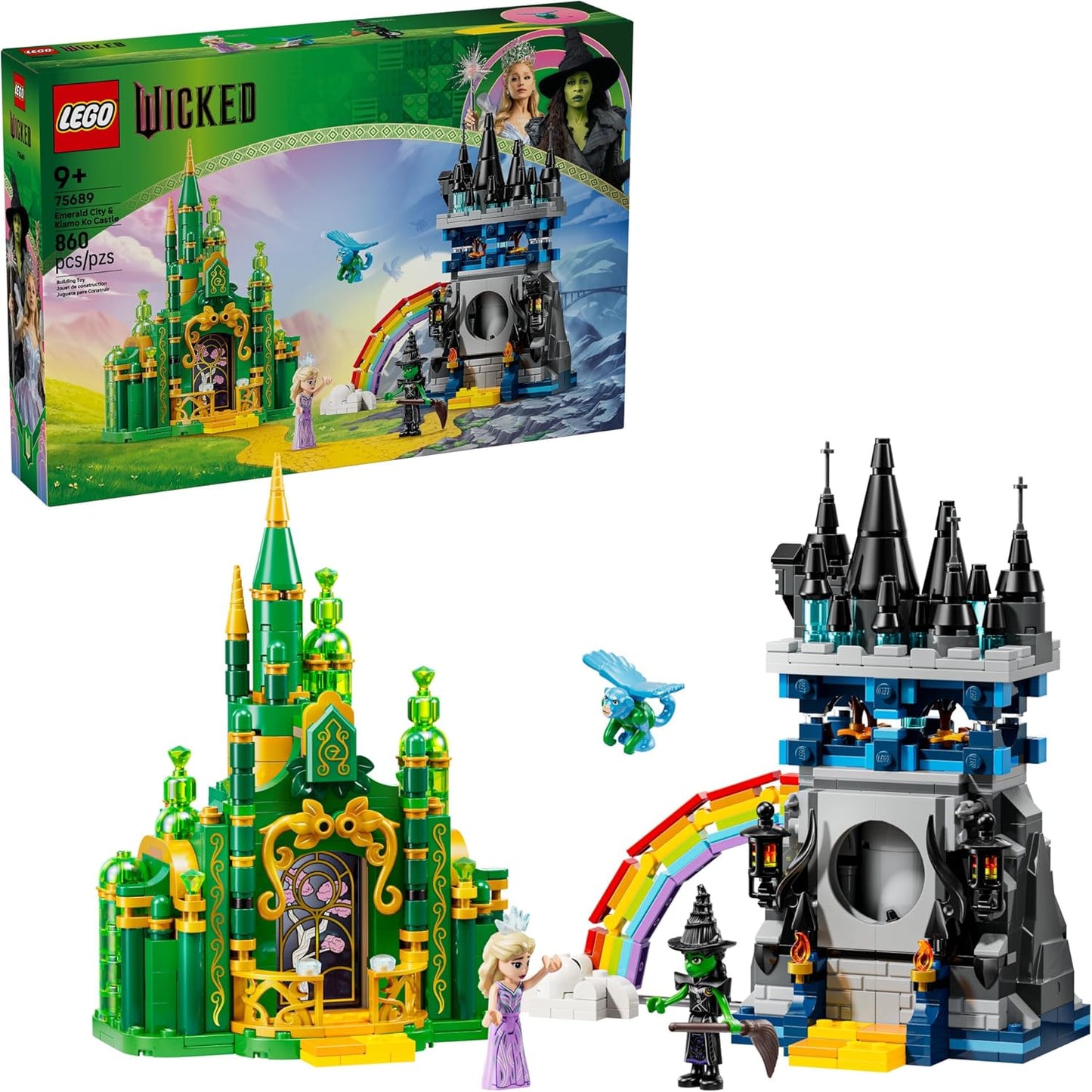 LEGO Wicked Emerald City & Kiamo Ko Castle Building Toy - Elphaba & Glinda Toy Figures, 2 Buildable Playsets, & Flying Monkey Minifigure for Kids, Ages 9+ - Wicked Merch Gift for Girls & Boys - 75689