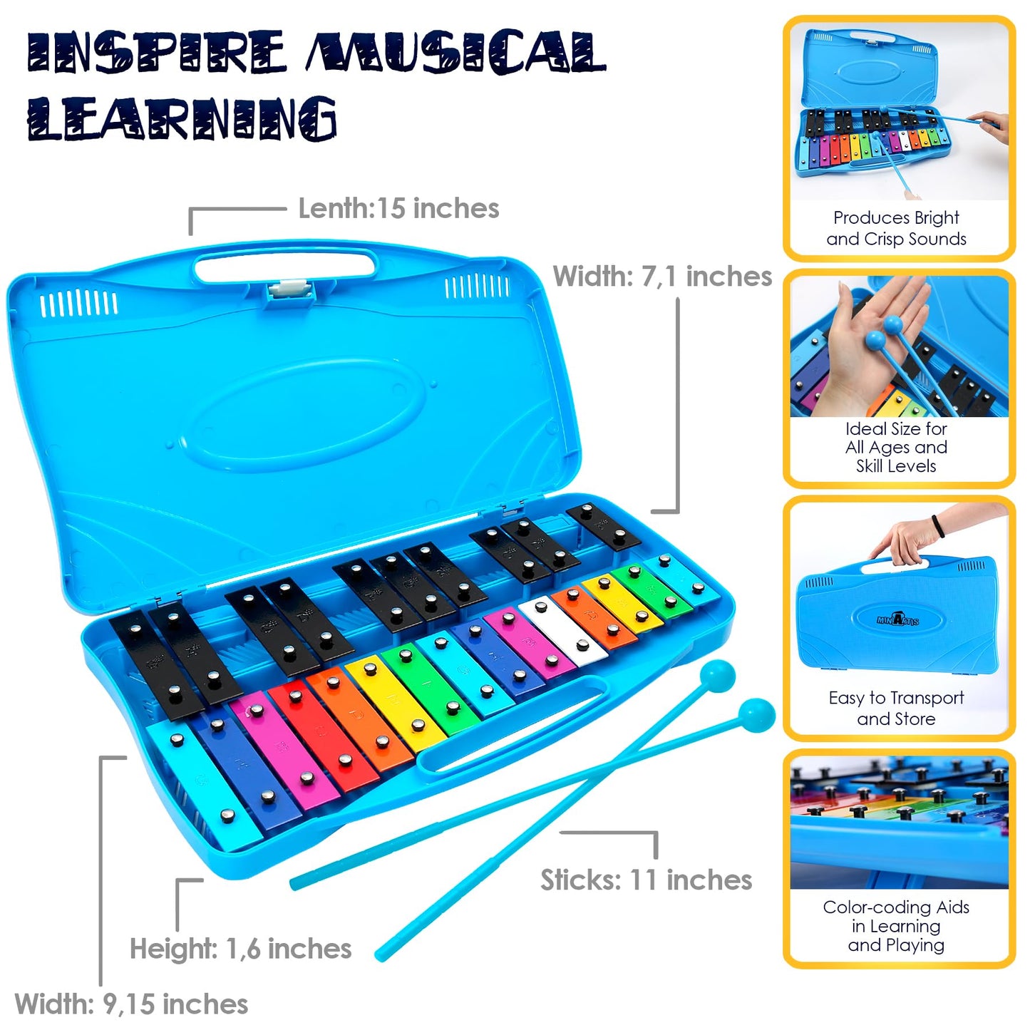 MINIARTIS Glockenspiel Xylophone | 25 Note Colorful Metal Keys Xylophone for Kids | Percussion Musical Instrument | Educational Music Toy Includes Music Songbook, Mallets and Yellow Carry Case