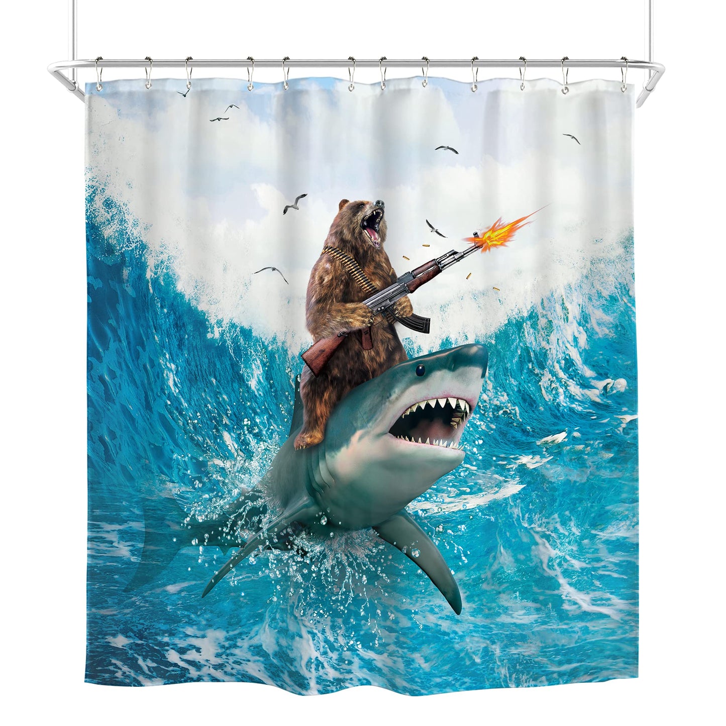 Homewelle Funny Dog Corgi Ocean Shower Curtain Riding Shark 72Wx72H Inch Sea Waves Seagull Fish Cool Animal Surfing Blue Cute Kids Waterproof Polyester Fabric Bathroom Bathtub