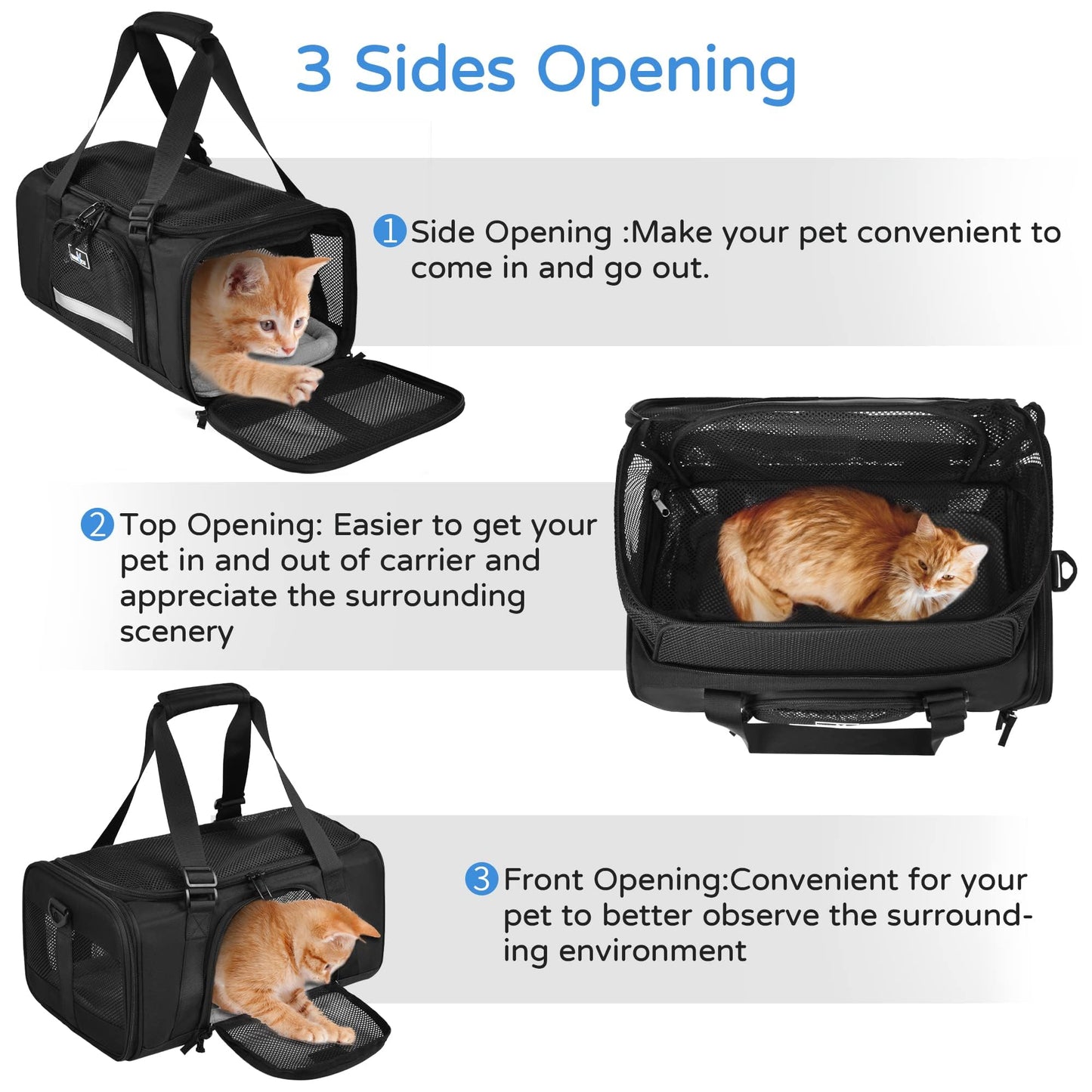 TSA Approved Pet Carrier for Small Cats Dogs, Travel Bag with Adequate Ventilation, 5 Mesh Windows, 3 Entrance, Locking Safety Zippers, Padded Shoulder and Carrying Strap, Small