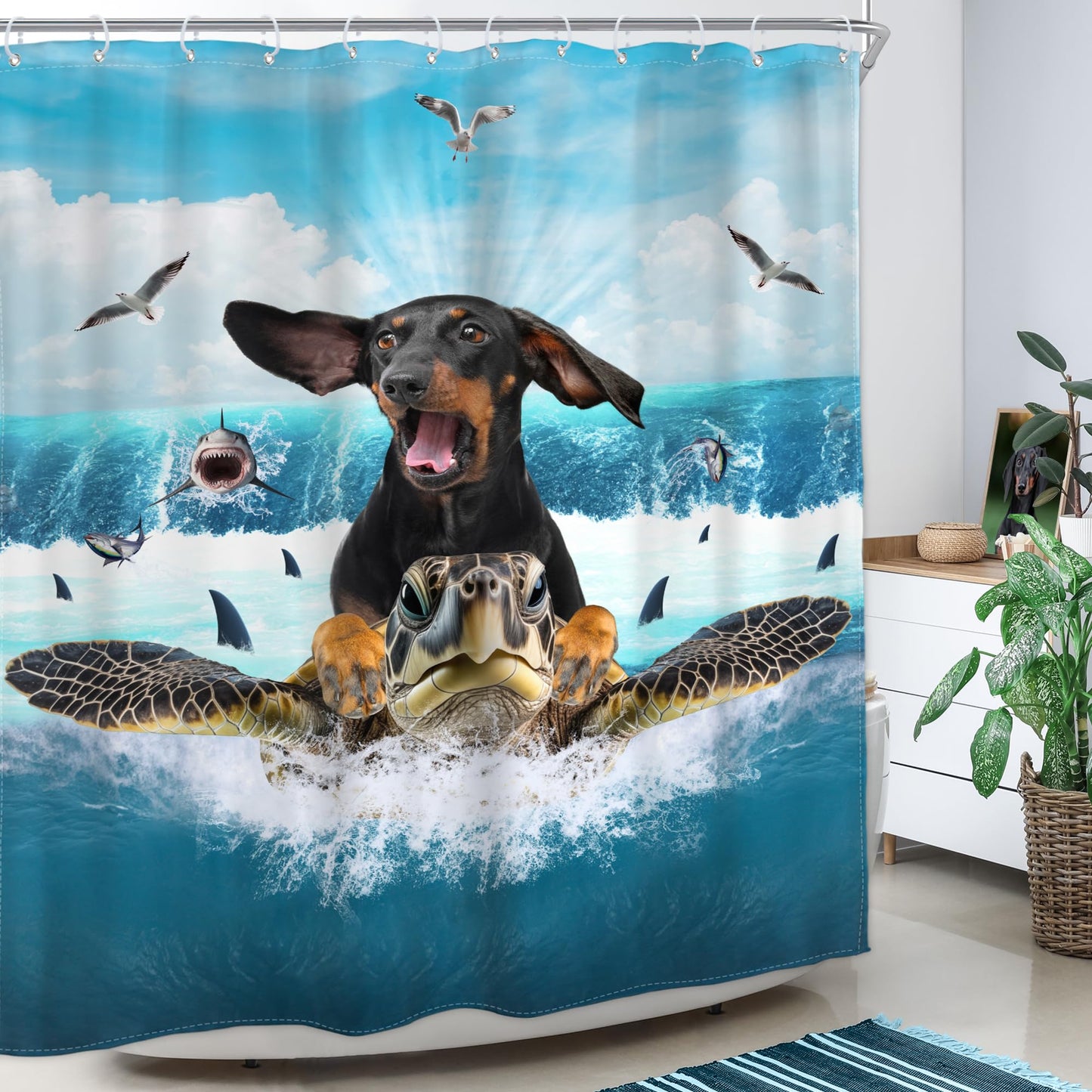 Homewelle Funny Dog Corgi Ocean Shower Curtain Riding Shark 72Wx72H Inch Sea Waves Seagull Fish Cool Animal Surfing Blue Cute Kids Waterproof Polyester Fabric Bathroom Bathtub