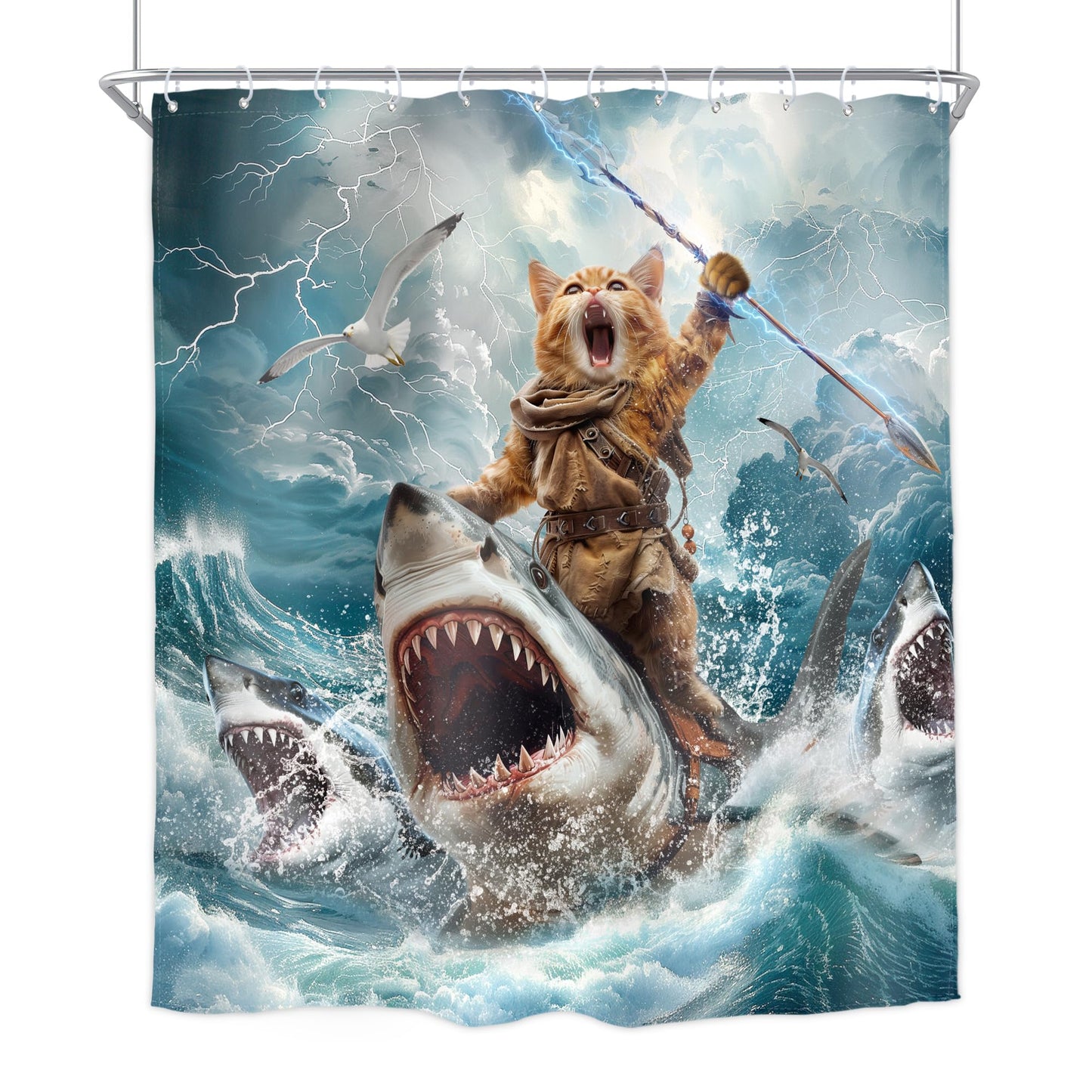 Homewelle Funny Dog Corgi Ocean Shower Curtain Riding Shark 72Wx72H Inch Sea Waves Seagull Fish Cool Animal Surfing Blue Cute Kids Waterproof Polyester Fabric Bathroom Bathtub