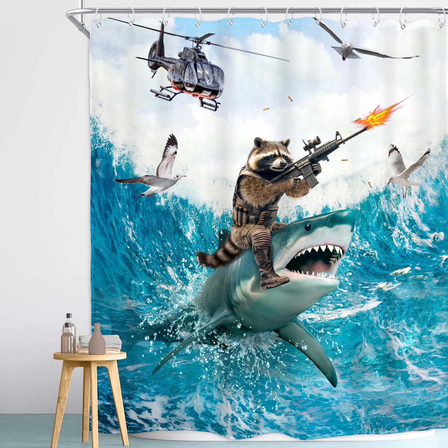 Homewelle Funny Dog Corgi Ocean Shower Curtain Riding Shark 72Wx72H Inch Sea Waves Seagull Fish Cool Animal Surfing Blue Cute Kids Waterproof Polyester Fabric Bathroom Bathtub