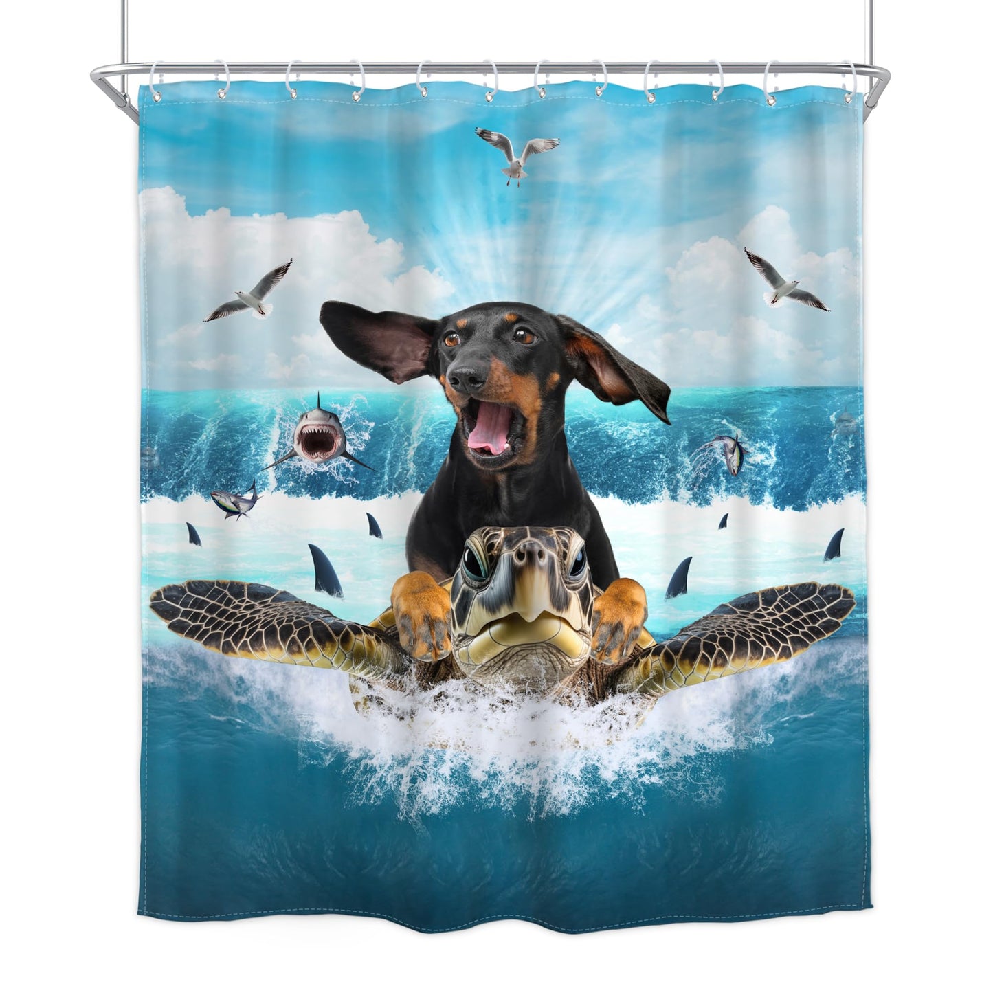 Homewelle Funny Dog Corgi Ocean Shower Curtain Riding Shark 72Wx72H Inch Sea Waves Seagull Fish Cool Animal Surfing Blue Cute Kids Waterproof Polyester Fabric Bathroom Bathtub