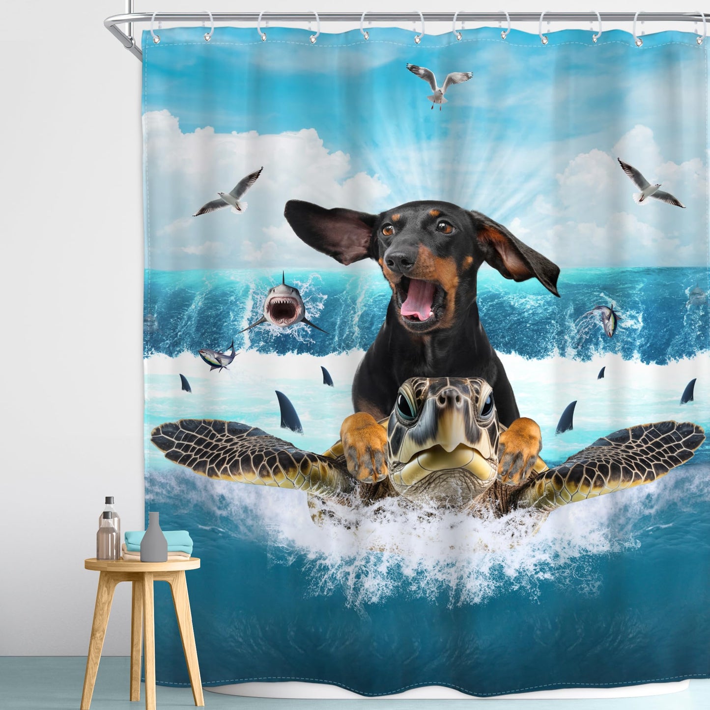Homewelle Funny Dog Corgi Ocean Shower Curtain Riding Shark 72Wx72H Inch Sea Waves Seagull Fish Cool Animal Surfing Blue Cute Kids Waterproof Polyester Fabric Bathroom Bathtub