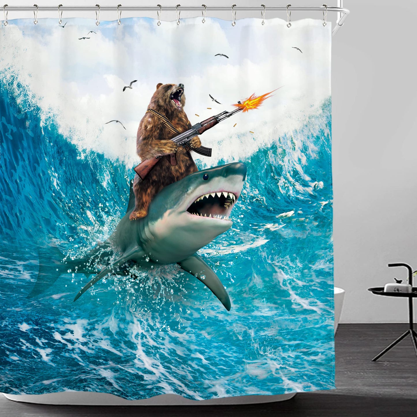 Homewelle Funny Dog Corgi Ocean Shower Curtain Riding Shark 72Wx72H Inch Sea Waves Seagull Fish Cool Animal Surfing Blue Cute Kids Waterproof Polyester Fabric Bathroom Bathtub