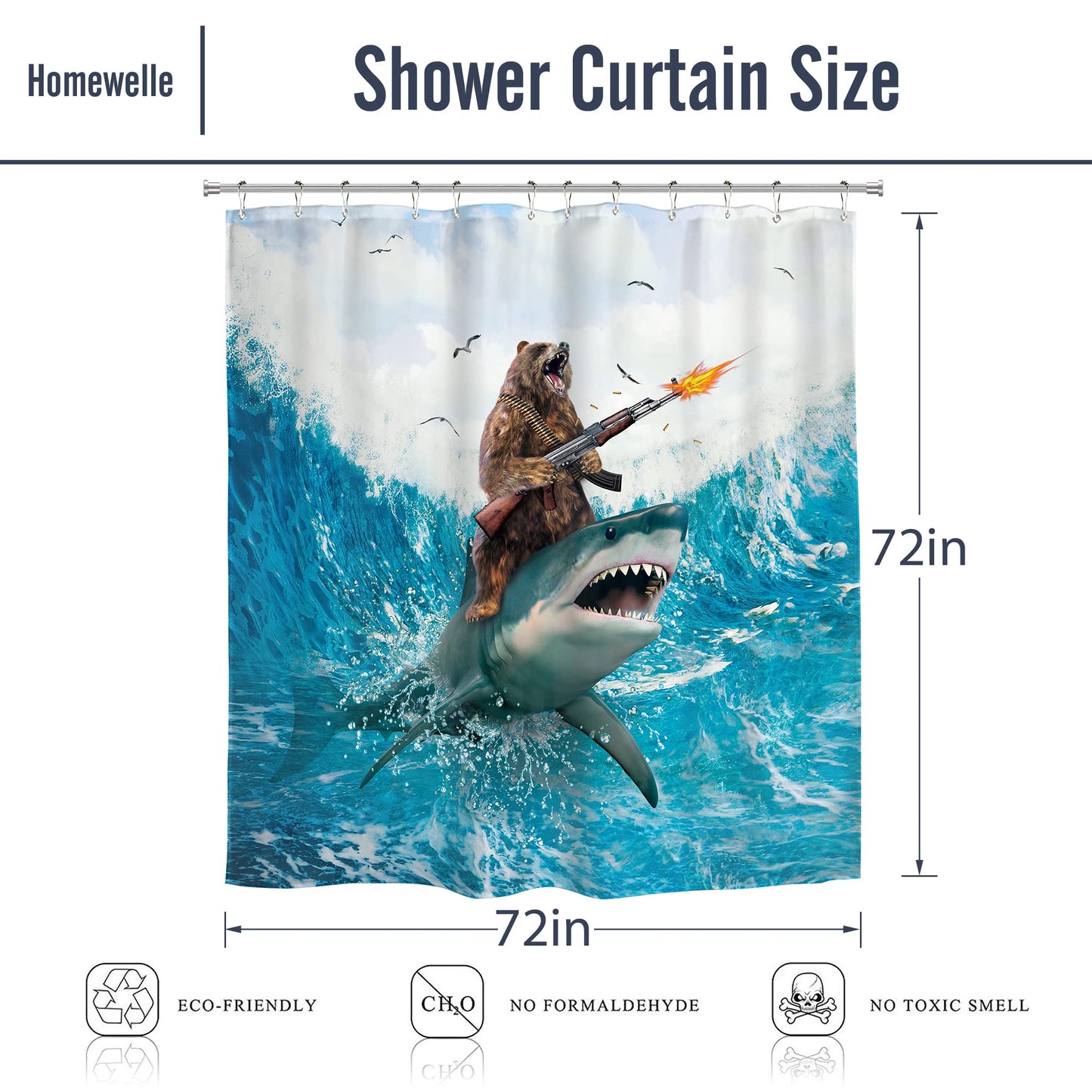 Homewelle Funny Dog Corgi Ocean Shower Curtain Riding Shark 72Wx72H Inch Sea Waves Seagull Fish Cool Animal Surfing Blue Cute Kids Waterproof Polyester Fabric Bathroom Bathtub