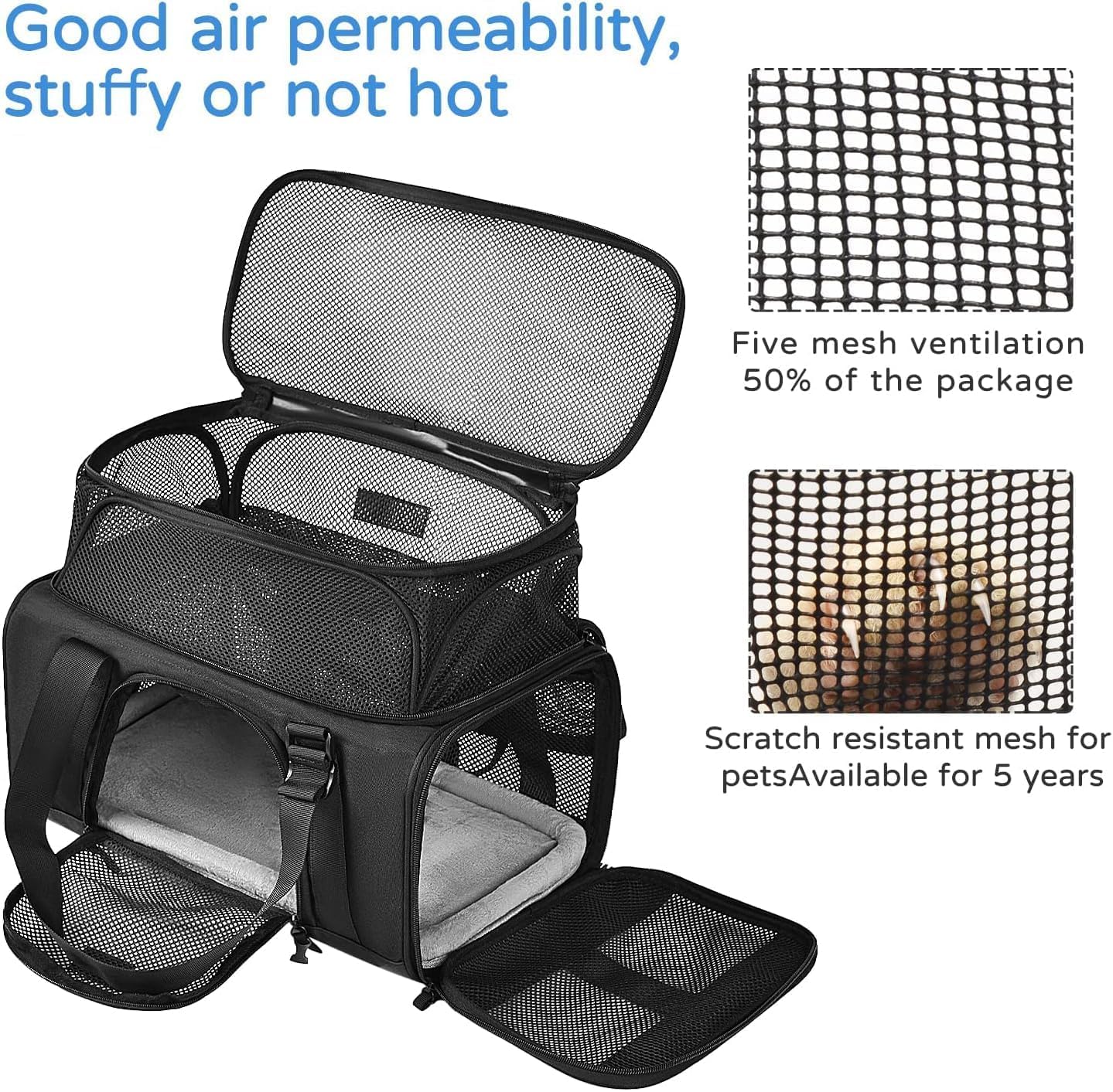 TSA Approved Pet Carrier for Small Cats Dogs, Travel Bag with Adequate Ventilation, 5 Mesh Windows, 3 Entrance, Locking Safety Zippers, Padded Shoulder and Carrying Strap, Small