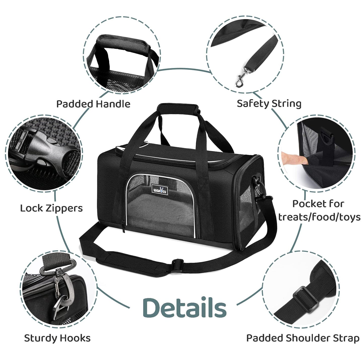 TSA Approved Pet Carrier for Small Cats Dogs, Travel Bag with Adequate Ventilation, 5 Mesh Windows, 3 Entrance, Locking Safety Zippers, Padded Shoulder and Carrying Strap, Small