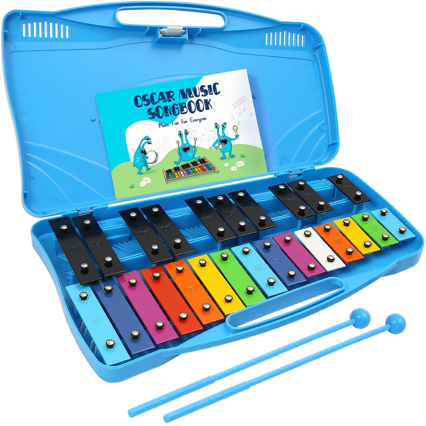 MINIARTIS Glockenspiel Xylophone | 25 Note Colorful Metal Keys Xylophone for Kids | Percussion Musical Instrument | Educational Music Toy Includes Music Songbook, Mallets and Yellow Carry Case