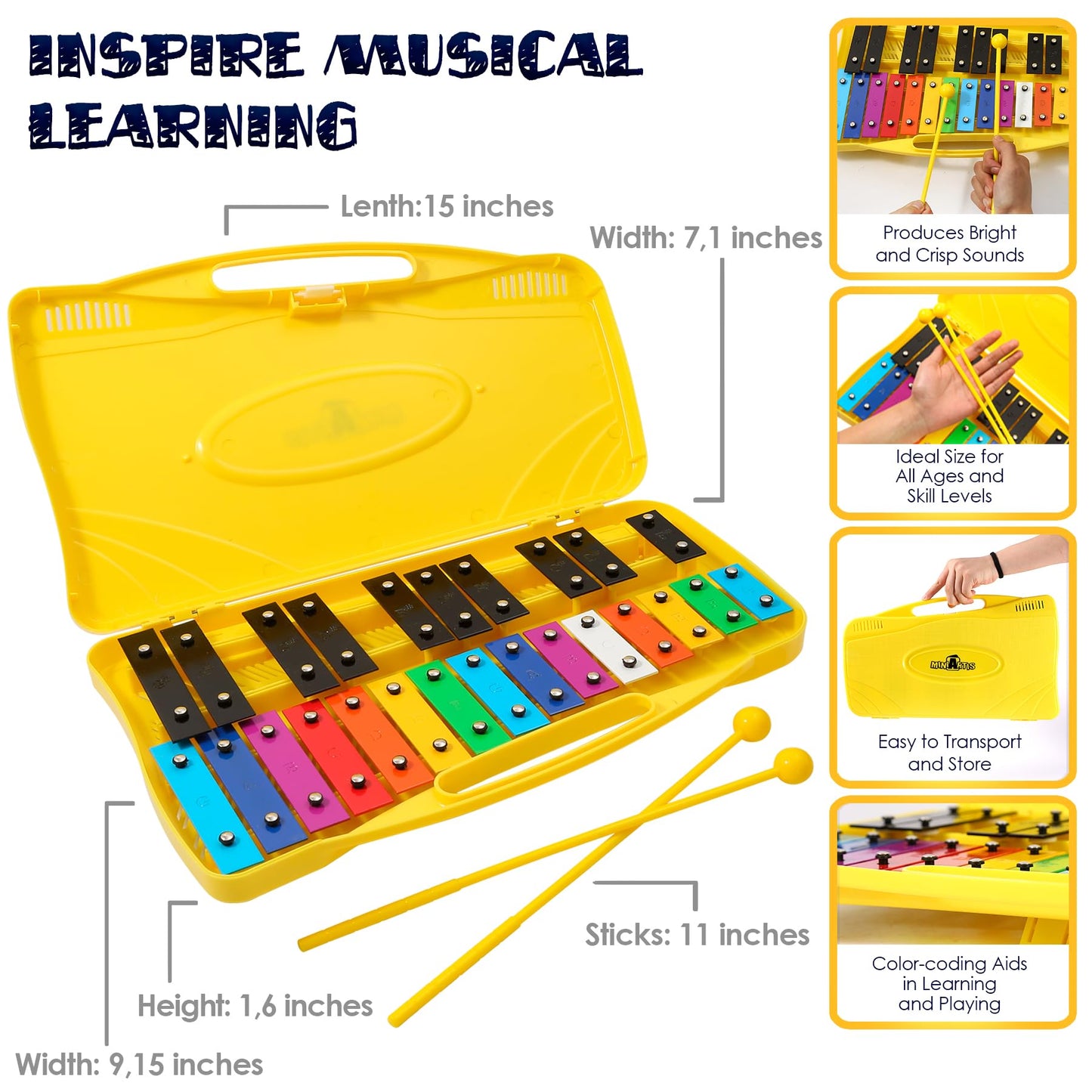 MINIARTIS Glockenspiel Xylophone | 25 Note Colorful Metal Keys Xylophone for Kids | Percussion Musical Instrument | Educational Music Toy Includes Music Songbook, Mallets and Yellow Carry Case