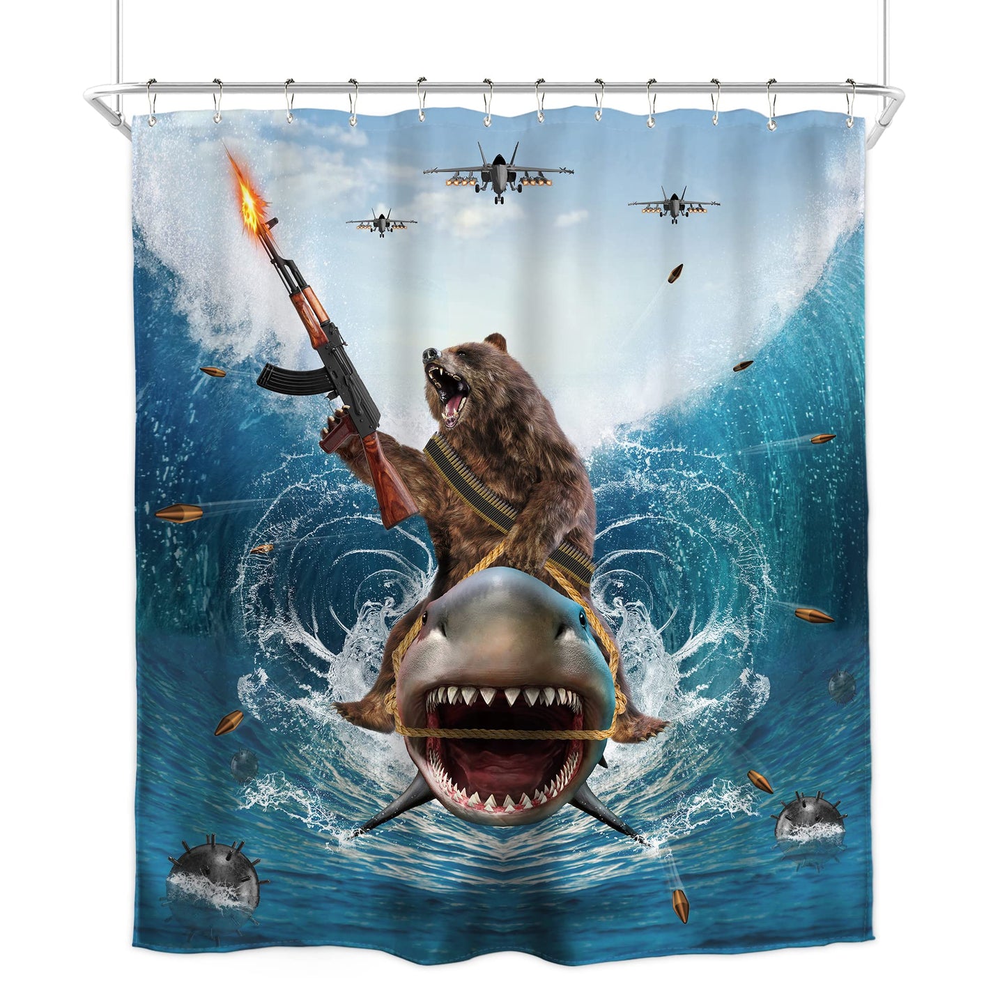 Homewelle Funny Dog Corgi Ocean Shower Curtain Riding Shark 72Wx72H Inch Sea Waves Seagull Fish Cool Animal Surfing Blue Cute Kids Waterproof Polyester Fabric Bathroom Bathtub