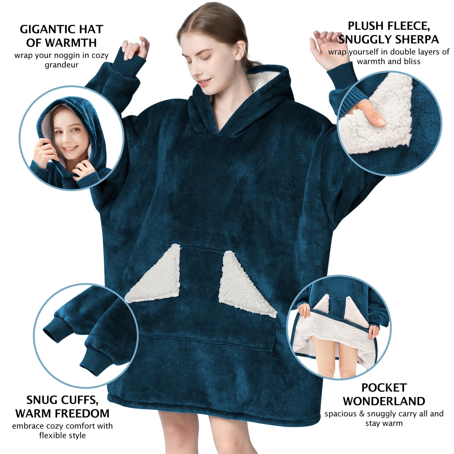 Touchat Wearable Blanket Hoodie, Oversized Sherpa Fleece Sweatshirt Blanket with Giant Hood Pocket and Sleeves for Adult, Warm & Cozy Grey Blanket Gifts for Women