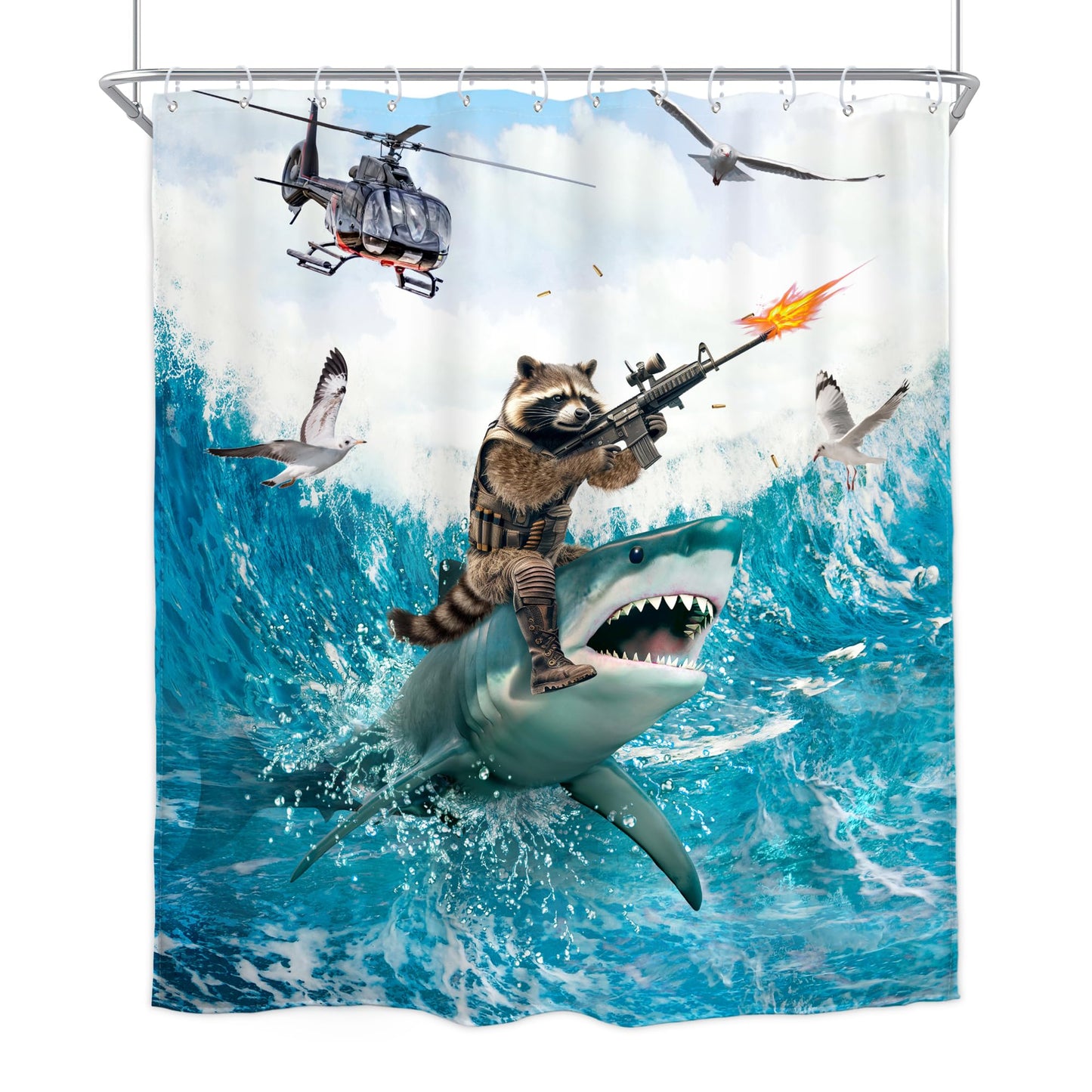 Homewelle Funny Dog Corgi Ocean Shower Curtain Riding Shark 72Wx72H Inch Sea Waves Seagull Fish Cool Animal Surfing Blue Cute Kids Waterproof Polyester Fabric Bathroom Bathtub