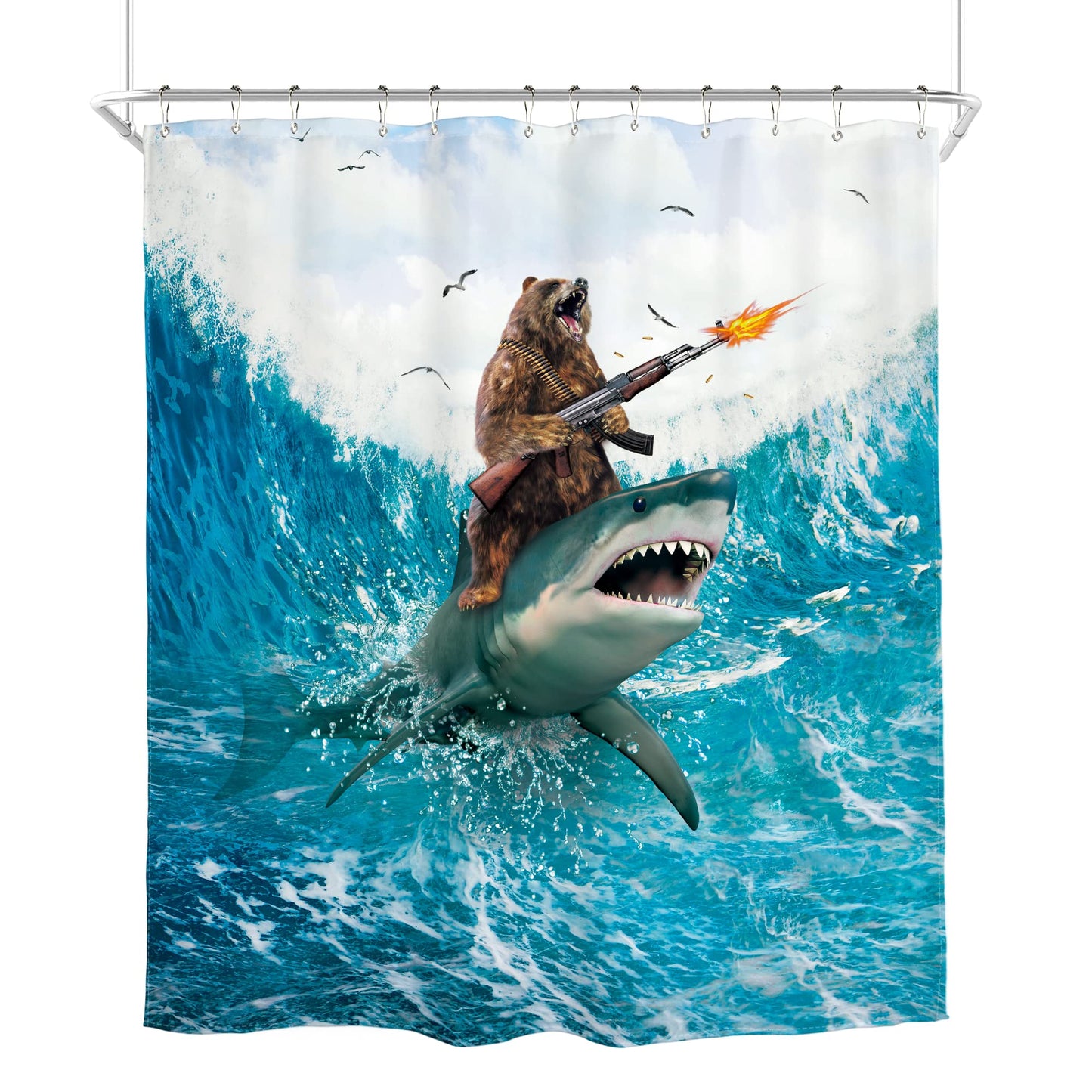 Homewelle Funny Dog Corgi Ocean Shower Curtain Riding Shark 72Wx72H Inch Sea Waves Seagull Fish Cool Animal Surfing Blue Cute Kids Waterproof Polyester Fabric Bathroom Bathtub