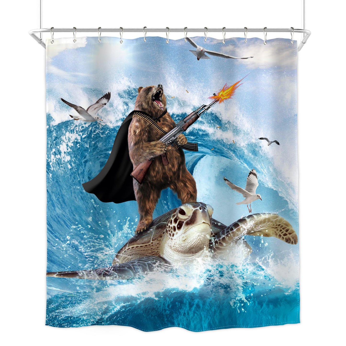 Homewelle Funny Dog Corgi Ocean Shower Curtain Riding Shark 72Wx72H Inch Sea Waves Seagull Fish Cool Animal Surfing Blue Cute Kids Waterproof Polyester Fabric Bathroom Bathtub