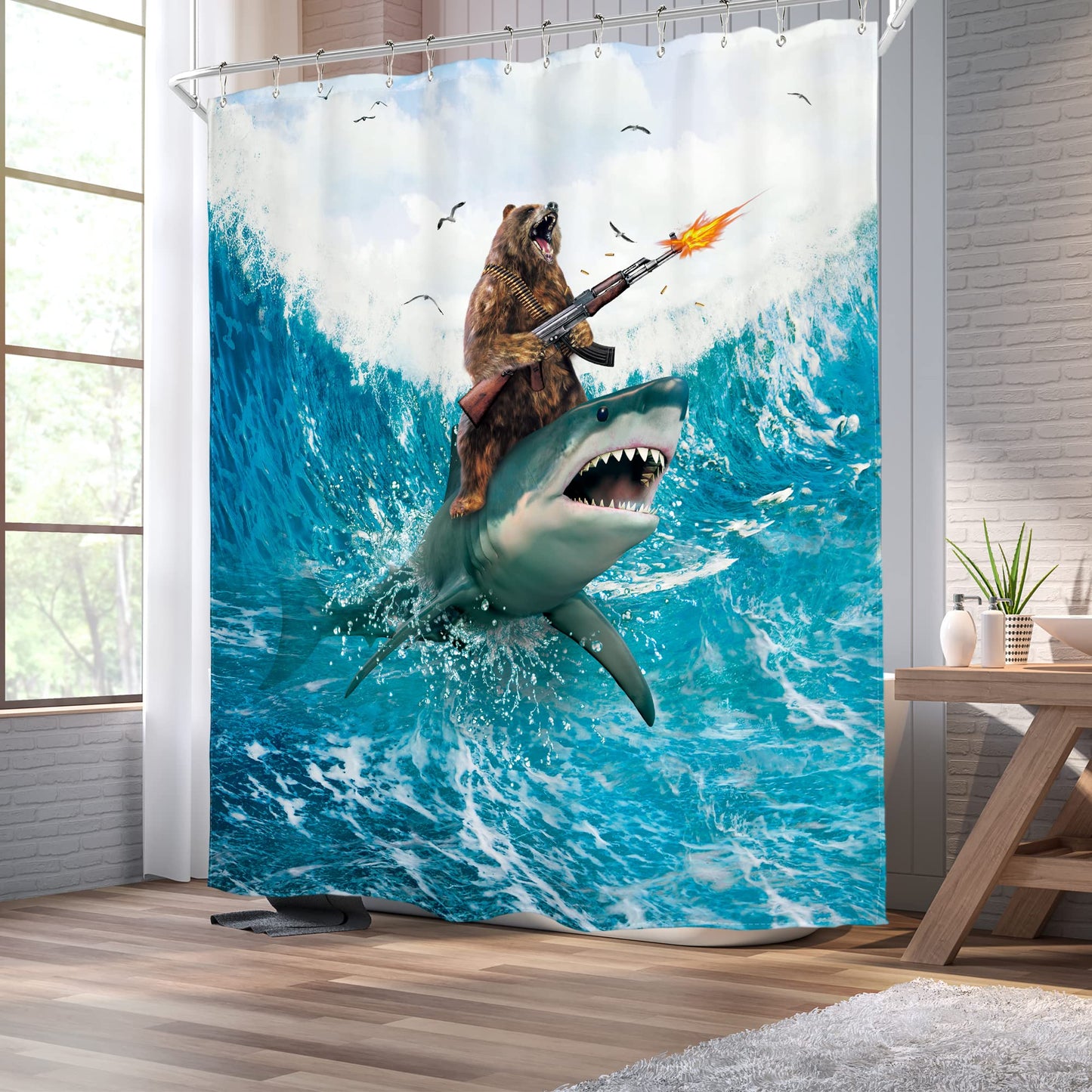 Homewelle Funny Dog Corgi Ocean Shower Curtain Riding Shark 72Wx72H Inch Sea Waves Seagull Fish Cool Animal Surfing Blue Cute Kids Waterproof Polyester Fabric Bathroom Bathtub