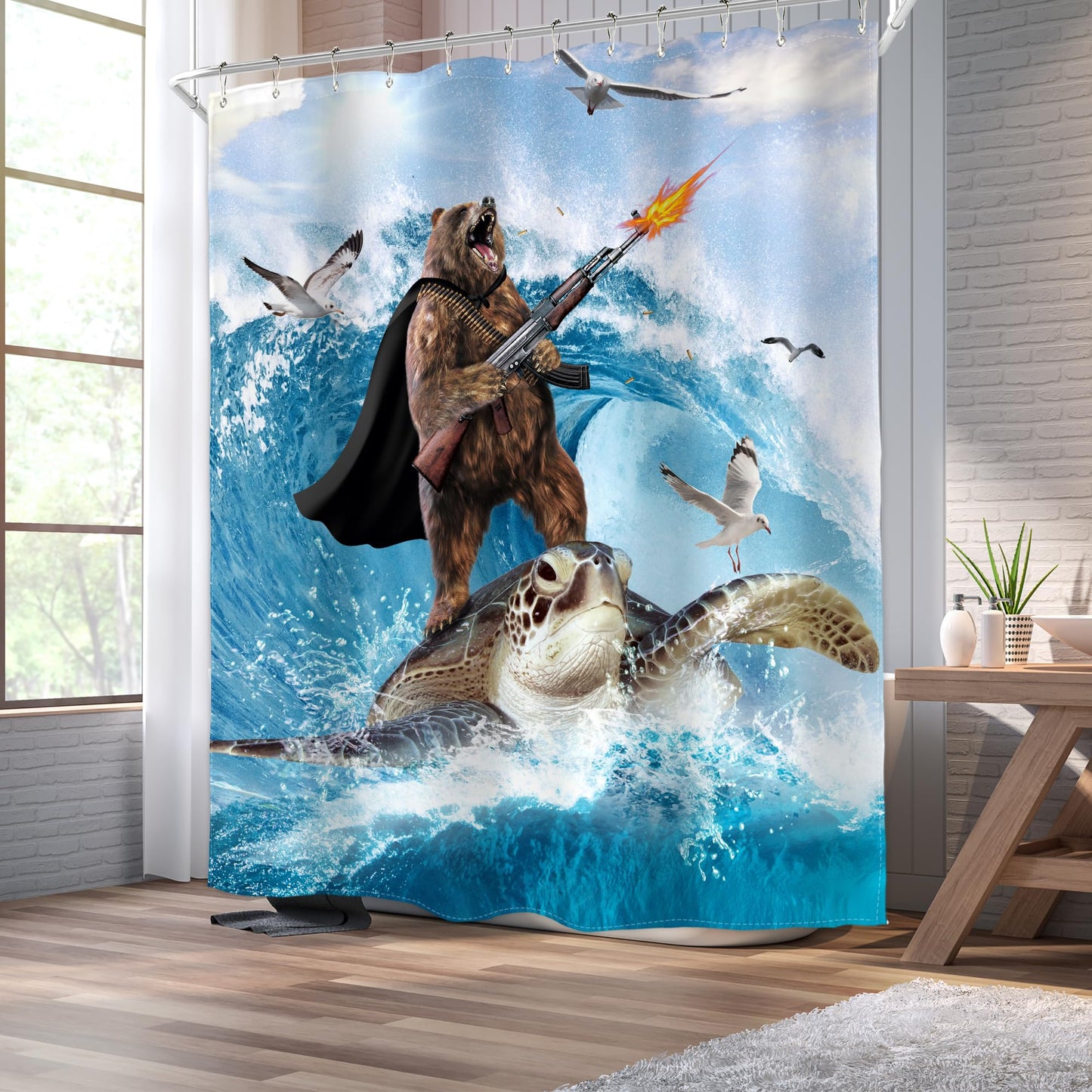 Homewelle Funny Dog Corgi Ocean Shower Curtain Riding Shark 72Wx72H Inch Sea Waves Seagull Fish Cool Animal Surfing Blue Cute Kids Waterproof Polyester Fabric Bathroom Bathtub