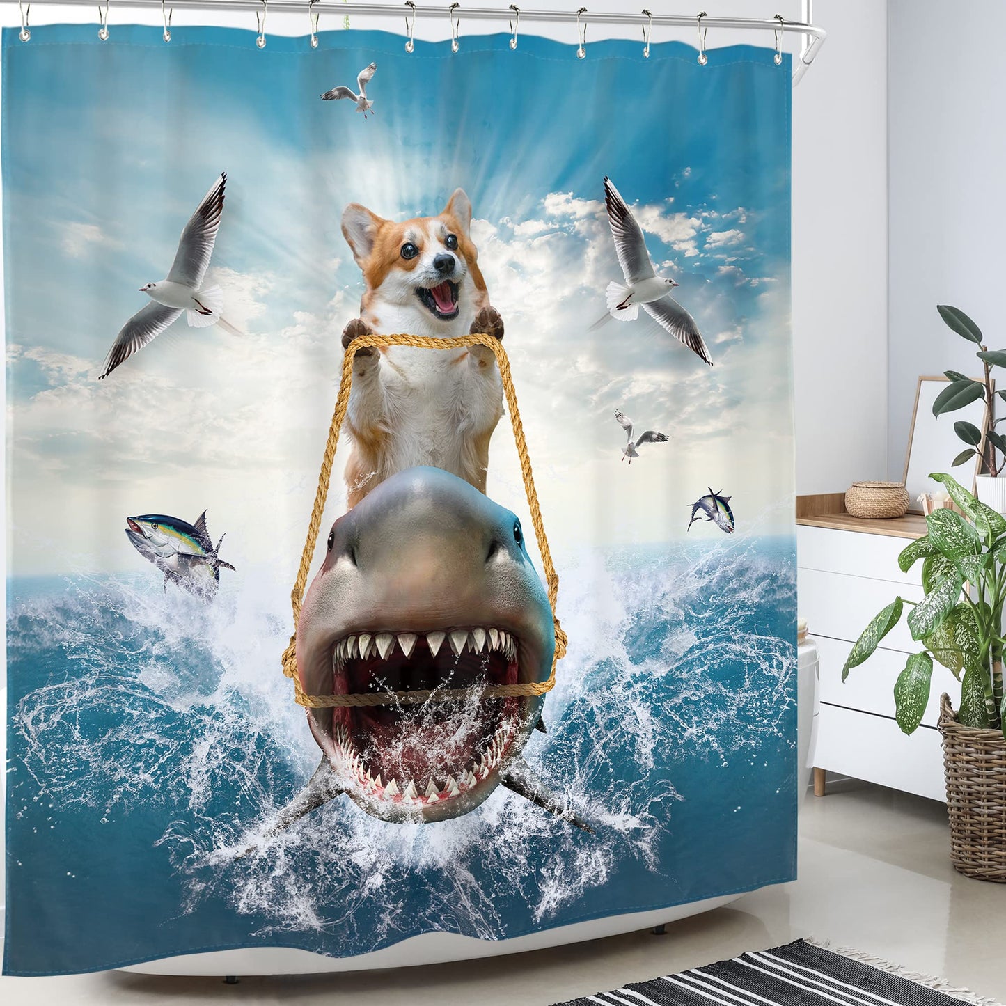 Homewelle Funny Dog Corgi Ocean Shower Curtain Riding Shark 72Wx72H Inch Sea Waves Seagull Fish Cool Animal Surfing Blue Cute Kids Waterproof Polyester Fabric Bathroom Bathtub