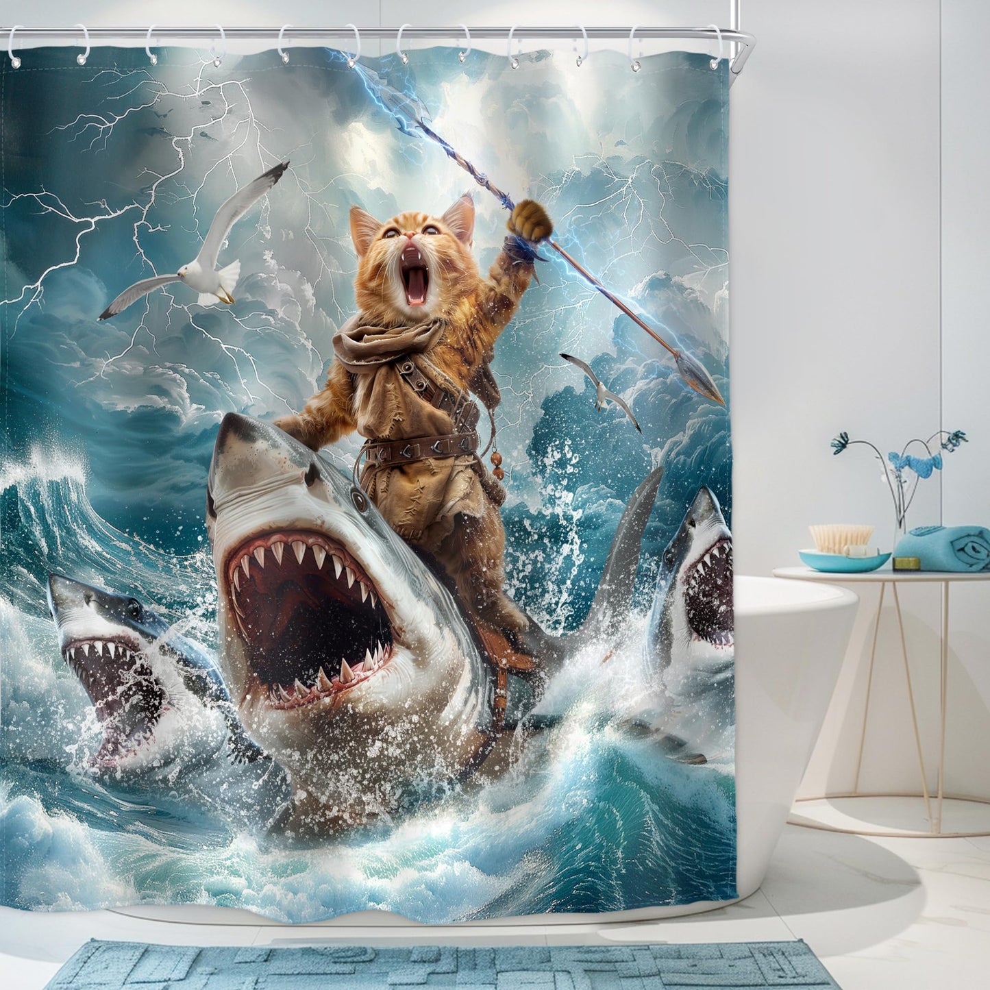 Homewelle Funny Dog Corgi Ocean Shower Curtain Riding Shark 72Wx72H Inch Sea Waves Seagull Fish Cool Animal Surfing Blue Cute Kids Waterproof Polyester Fabric Bathroom Bathtub