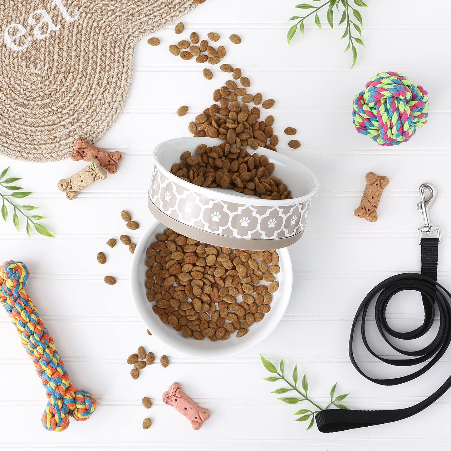 Bone Dry Paw Print Ceramic Pet Bowl, Lattice Collection, Large Set, 7.5x2.4", Aqua, 2 Count