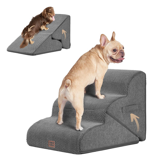 EHEYCIGA Curved Dog Stairs Ramp for High Beds 19.7" H, 4-Step Dog Steps for Small Dogs and Cats, Pet Stairs for High Bed Climbing, Non-Slip Balanced Pet Step Indoor, Grey