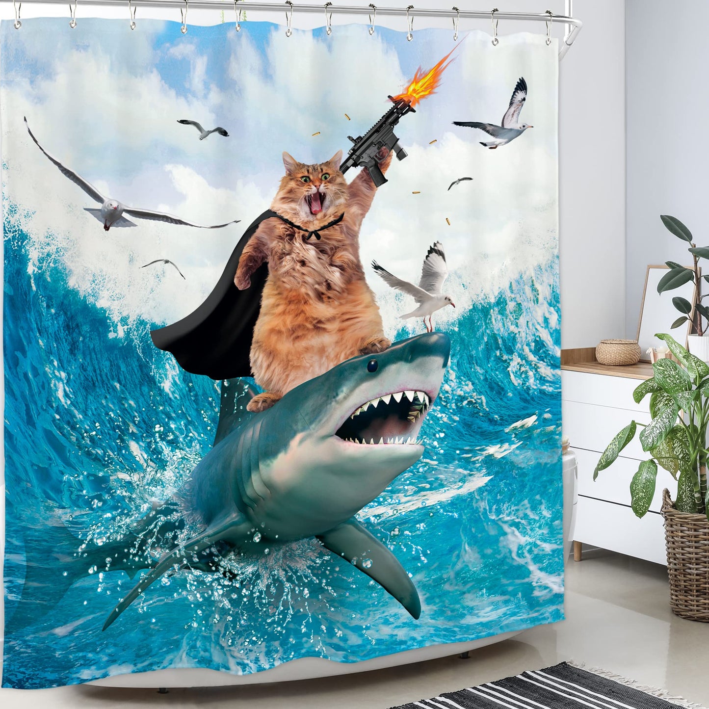 Homewelle Funny Dog Corgi Ocean Shower Curtain Riding Shark 72Wx72H Inch Sea Waves Seagull Fish Cool Animal Surfing Blue Cute Kids Waterproof Polyester Fabric Bathroom Bathtub