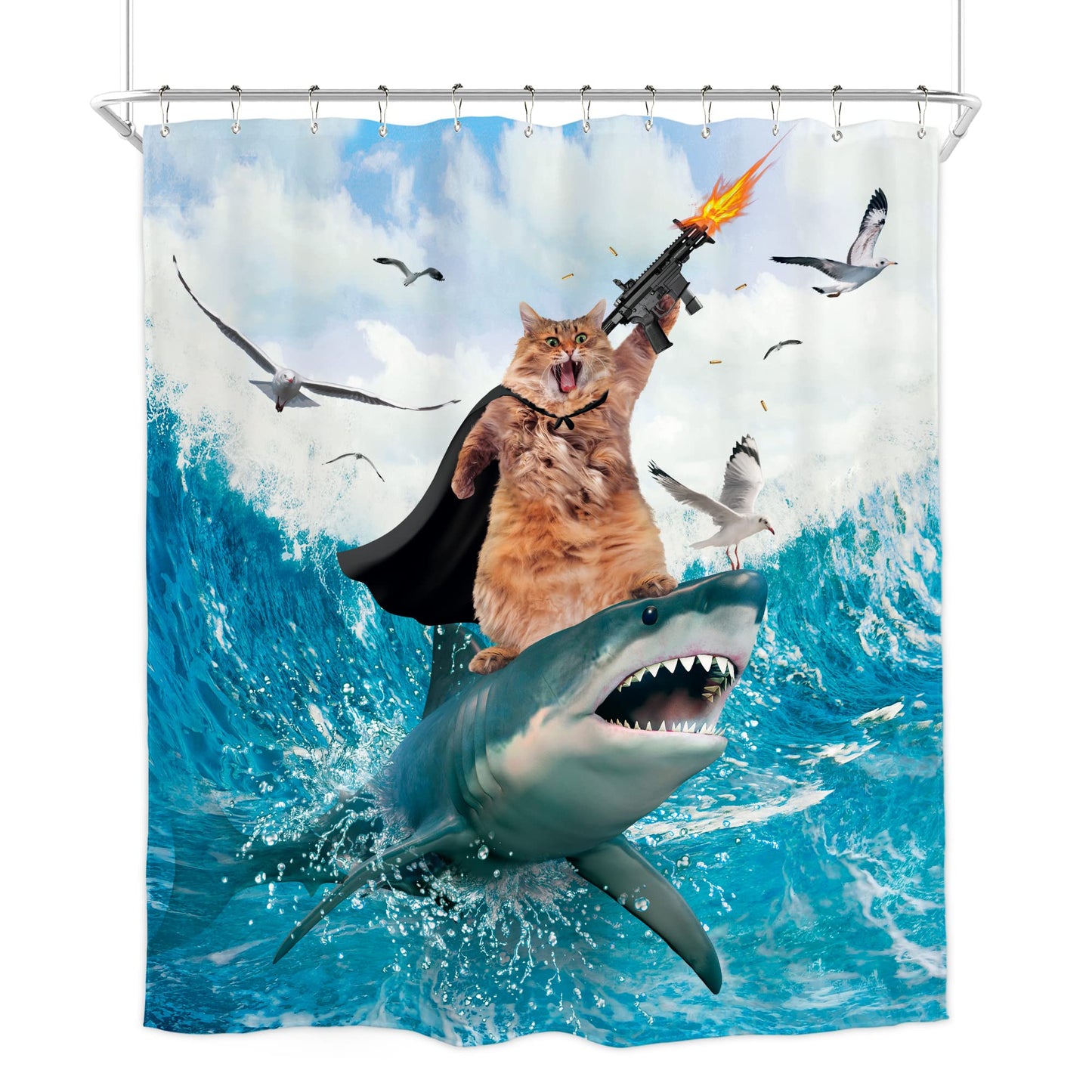 Homewelle Funny Dog Corgi Ocean Shower Curtain Riding Shark 72Wx72H Inch Sea Waves Seagull Fish Cool Animal Surfing Blue Cute Kids Waterproof Polyester Fabric Bathroom Bathtub