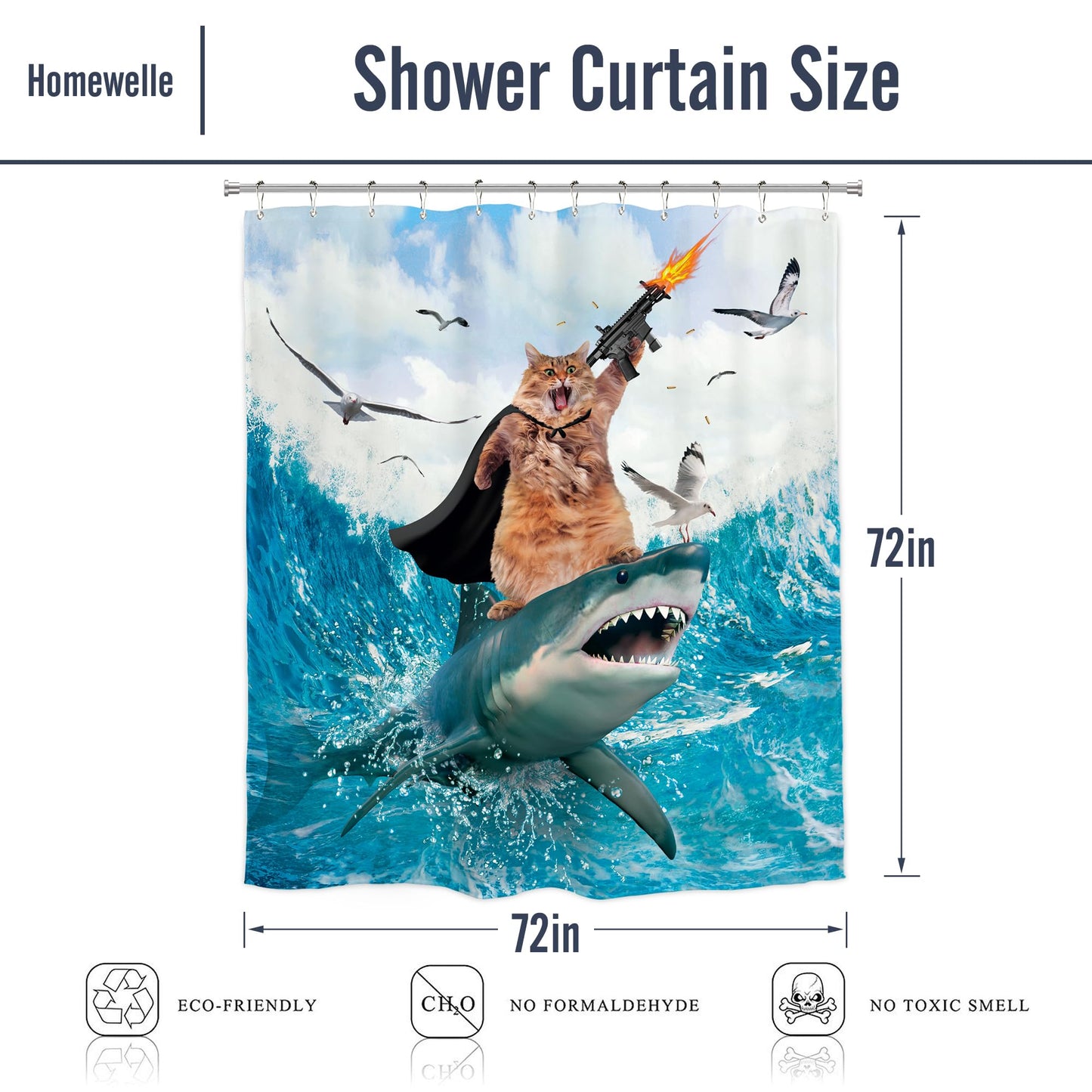 Homewelle Funny Dog Corgi Ocean Shower Curtain Riding Shark 72Wx72H Inch Sea Waves Seagull Fish Cool Animal Surfing Blue Cute Kids Waterproof Polyester Fabric Bathroom Bathtub