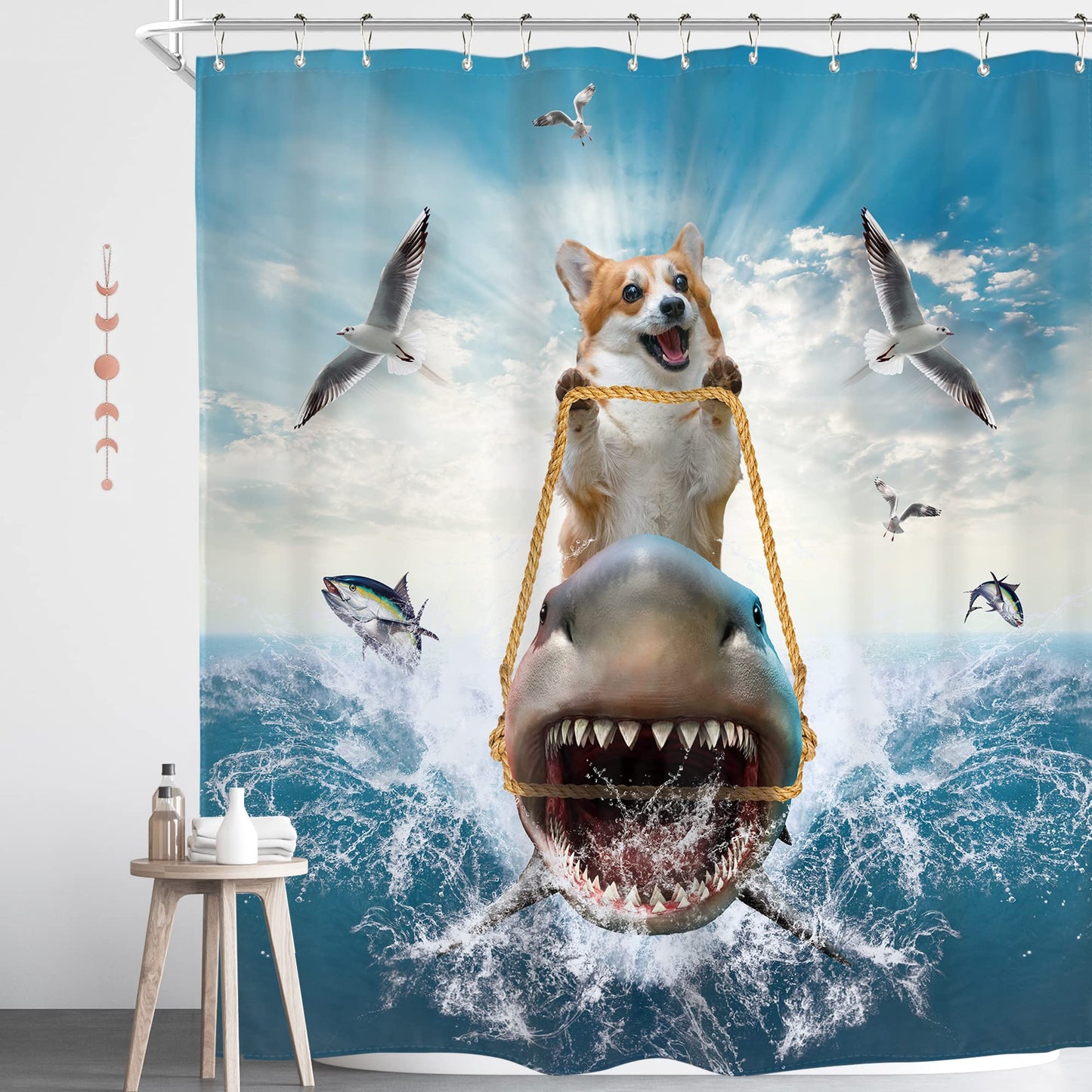 Homewelle Funny Dog Corgi Ocean Shower Curtain Riding Shark 72Wx72H Inch Sea Waves Seagull Fish Cool Animal Surfing Blue Cute Kids Waterproof Polyester Fabric Bathroom Bathtub