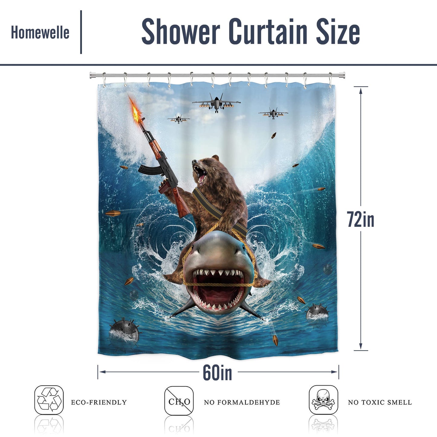 Homewelle Funny Dog Corgi Ocean Shower Curtain Riding Shark 72Wx72H Inch Sea Waves Seagull Fish Cool Animal Surfing Blue Cute Kids Waterproof Polyester Fabric Bathroom Bathtub
