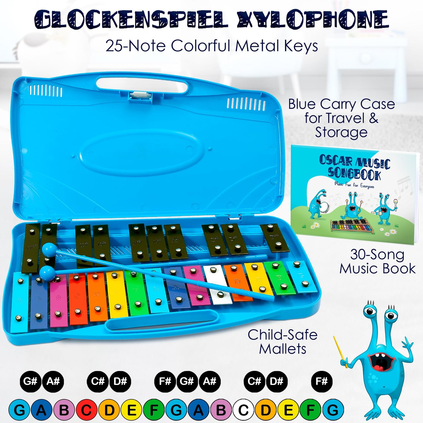 MINIARTIS Glockenspiel Xylophone | 25 Note Colorful Metal Keys Xylophone for Kids | Percussion Musical Instrument | Educational Music Toy Includes Music Songbook, Mallets and Yellow Carry Case