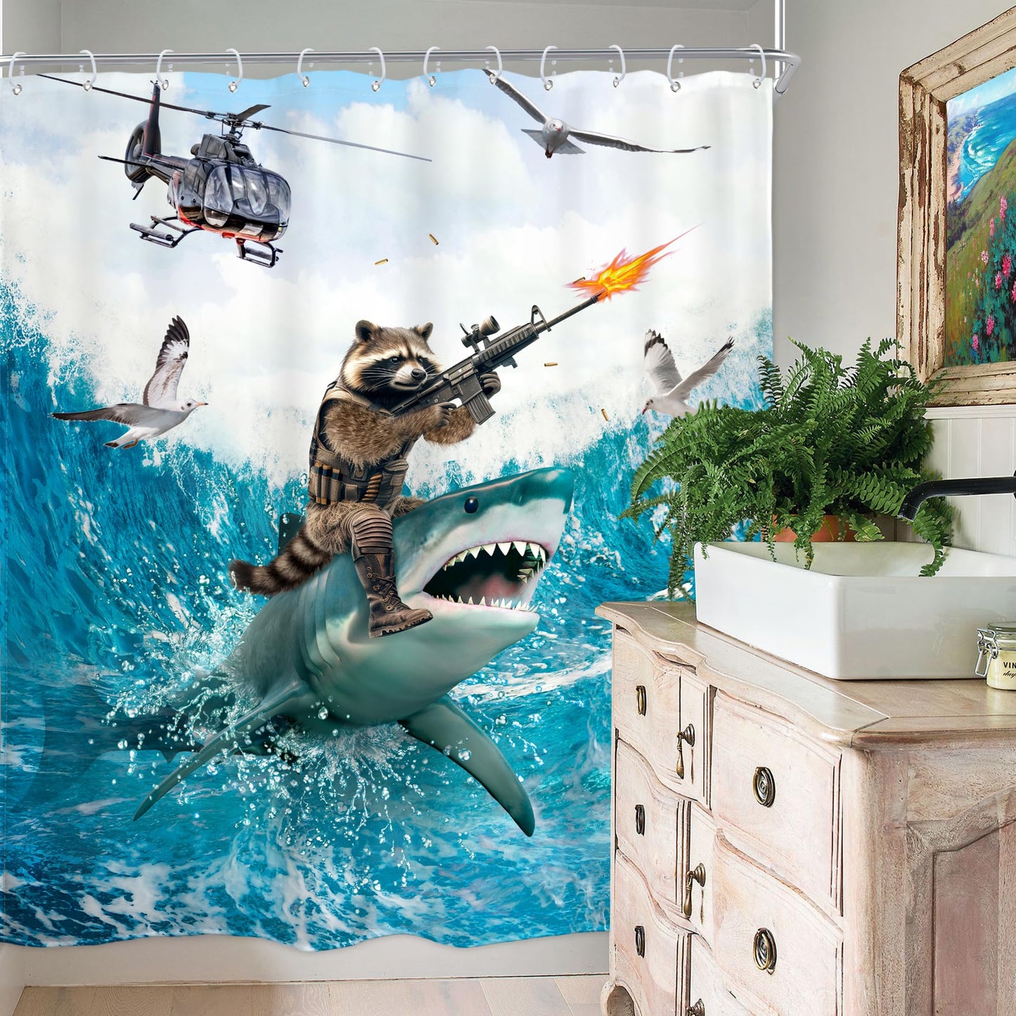Homewelle Funny Dog Corgi Ocean Shower Curtain Riding Shark 72Wx72H Inch Sea Waves Seagull Fish Cool Animal Surfing Blue Cute Kids Waterproof Polyester Fabric Bathroom Bathtub
