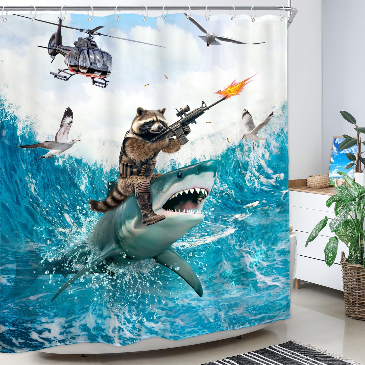 Homewelle Funny Dog Corgi Ocean Shower Curtain Riding Shark 72Wx72H Inch Sea Waves Seagull Fish Cool Animal Surfing Blue Cute Kids Waterproof Polyester Fabric Bathroom Bathtub