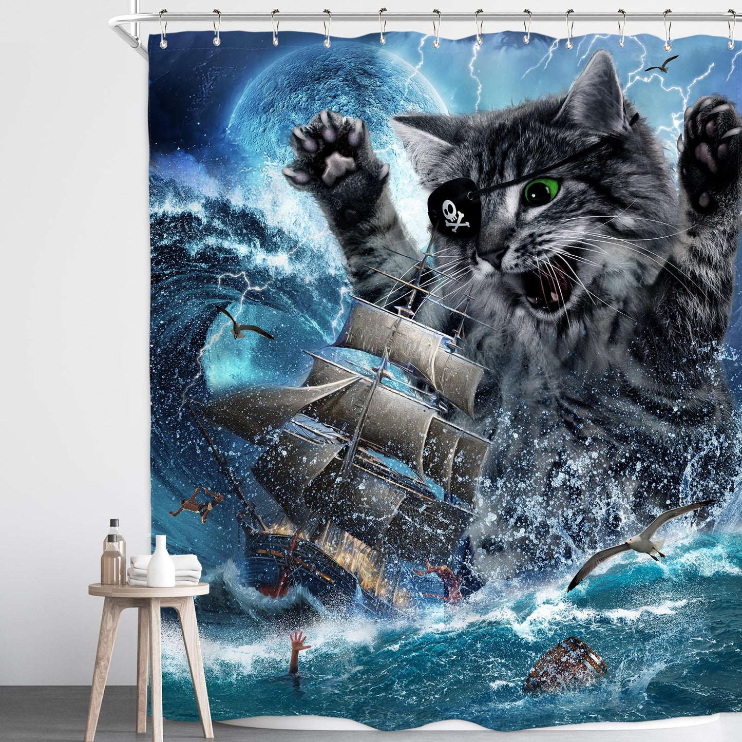Homewelle Funny Dog Corgi Ocean Shower Curtain Riding Shark 72Wx72H Inch Sea Waves Seagull Fish Cool Animal Surfing Blue Cute Kids Waterproof Polyester Fabric Bathroom Bathtub