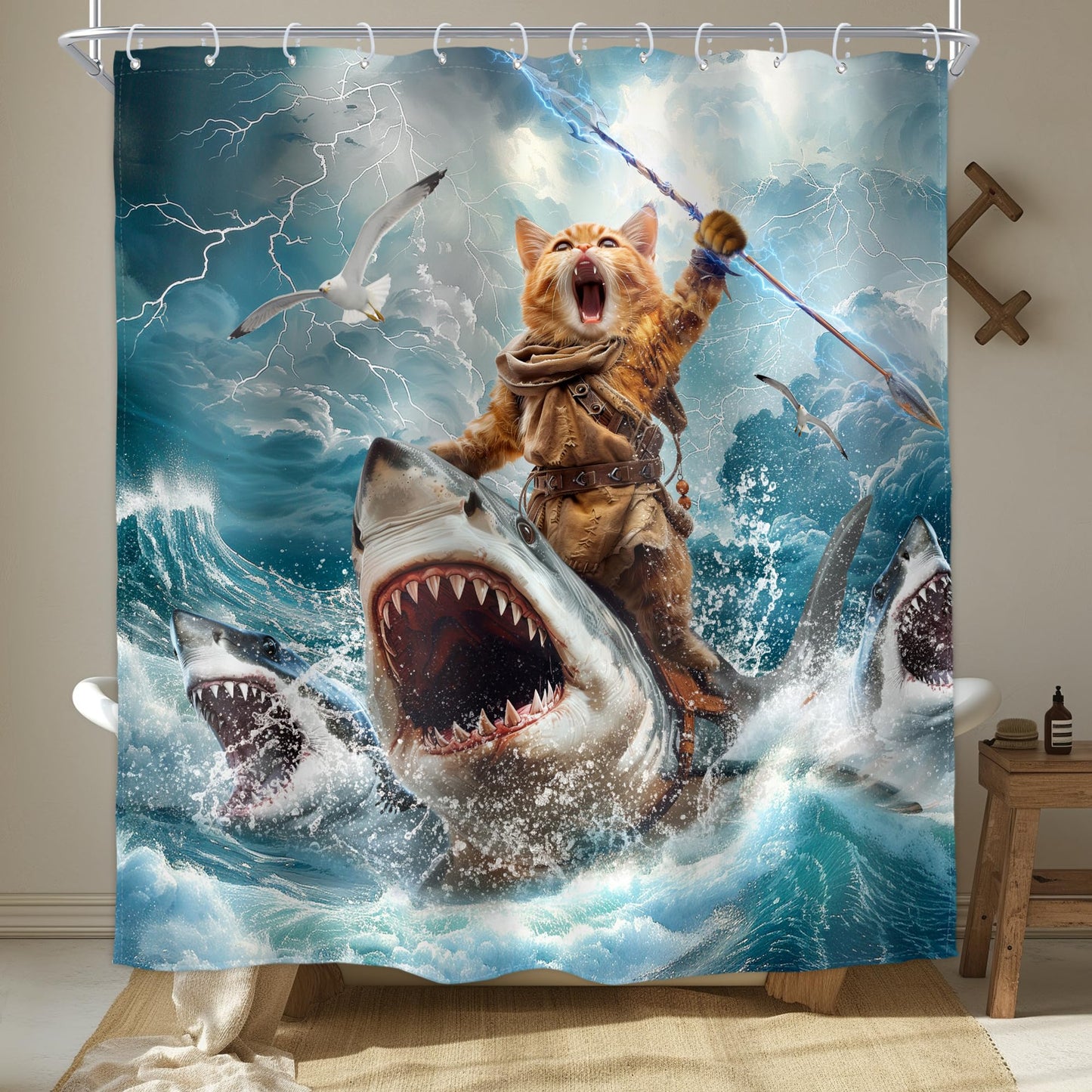 Homewelle Funny Dog Corgi Ocean Shower Curtain Riding Shark 72Wx72H Inch Sea Waves Seagull Fish Cool Animal Surfing Blue Cute Kids Waterproof Polyester Fabric Bathroom Bathtub