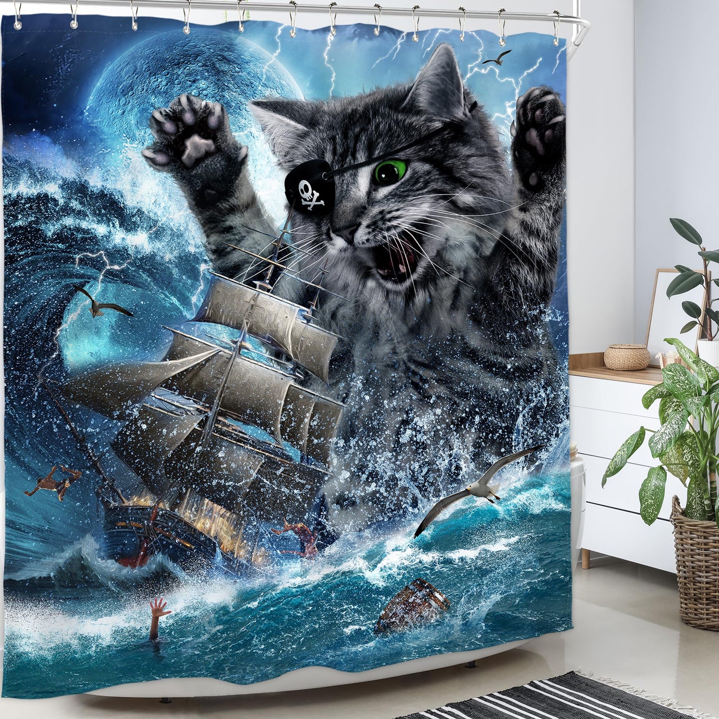 Homewelle Funny Dog Corgi Ocean Shower Curtain Riding Shark 72Wx72H Inch Sea Waves Seagull Fish Cool Animal Surfing Blue Cute Kids Waterproof Polyester Fabric Bathroom Bathtub