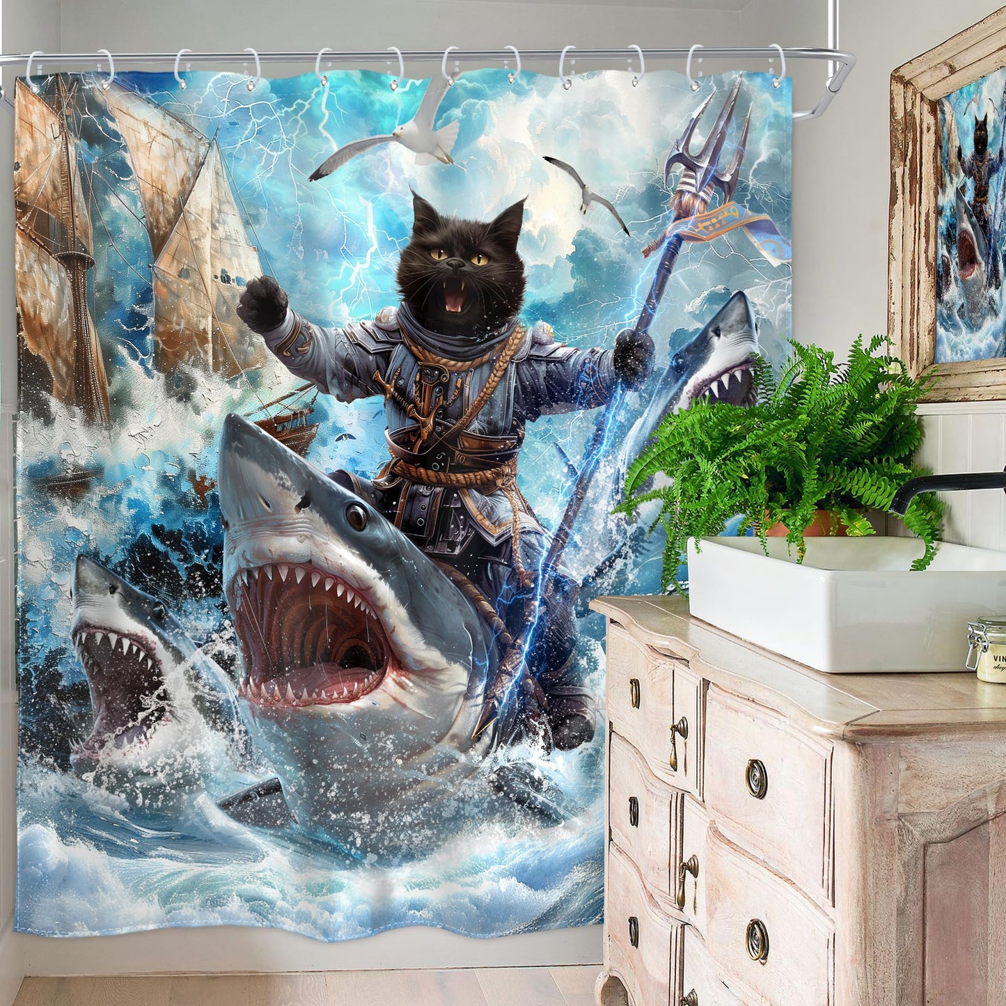 Homewelle Funny Dog Corgi Ocean Shower Curtain Riding Shark 72Wx72H Inch Sea Waves Seagull Fish Cool Animal Surfing Blue Cute Kids Waterproof Polyester Fabric Bathroom Bathtub